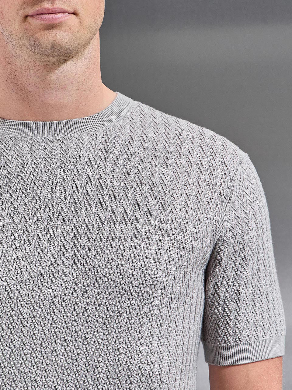 Mens Knitted Zig Zag Crew Neck T-Shirt in Stone