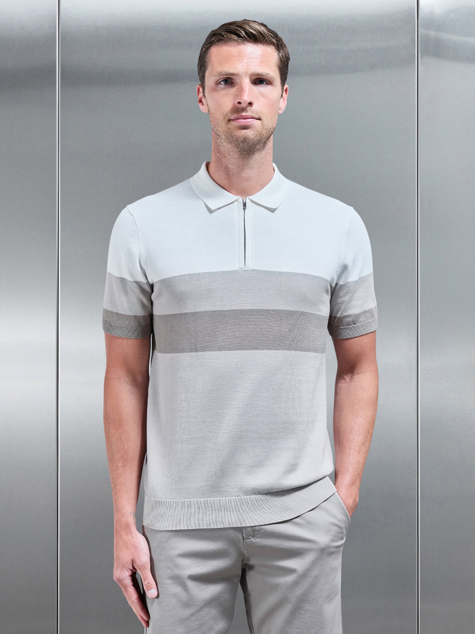 Mens Lario Knitted Zip Polo Shirt in Stone