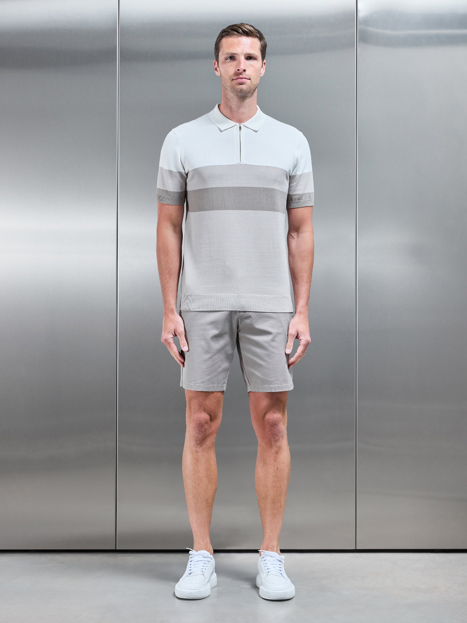 Mens Lario Knitted Zip Polo Shirt in Stone