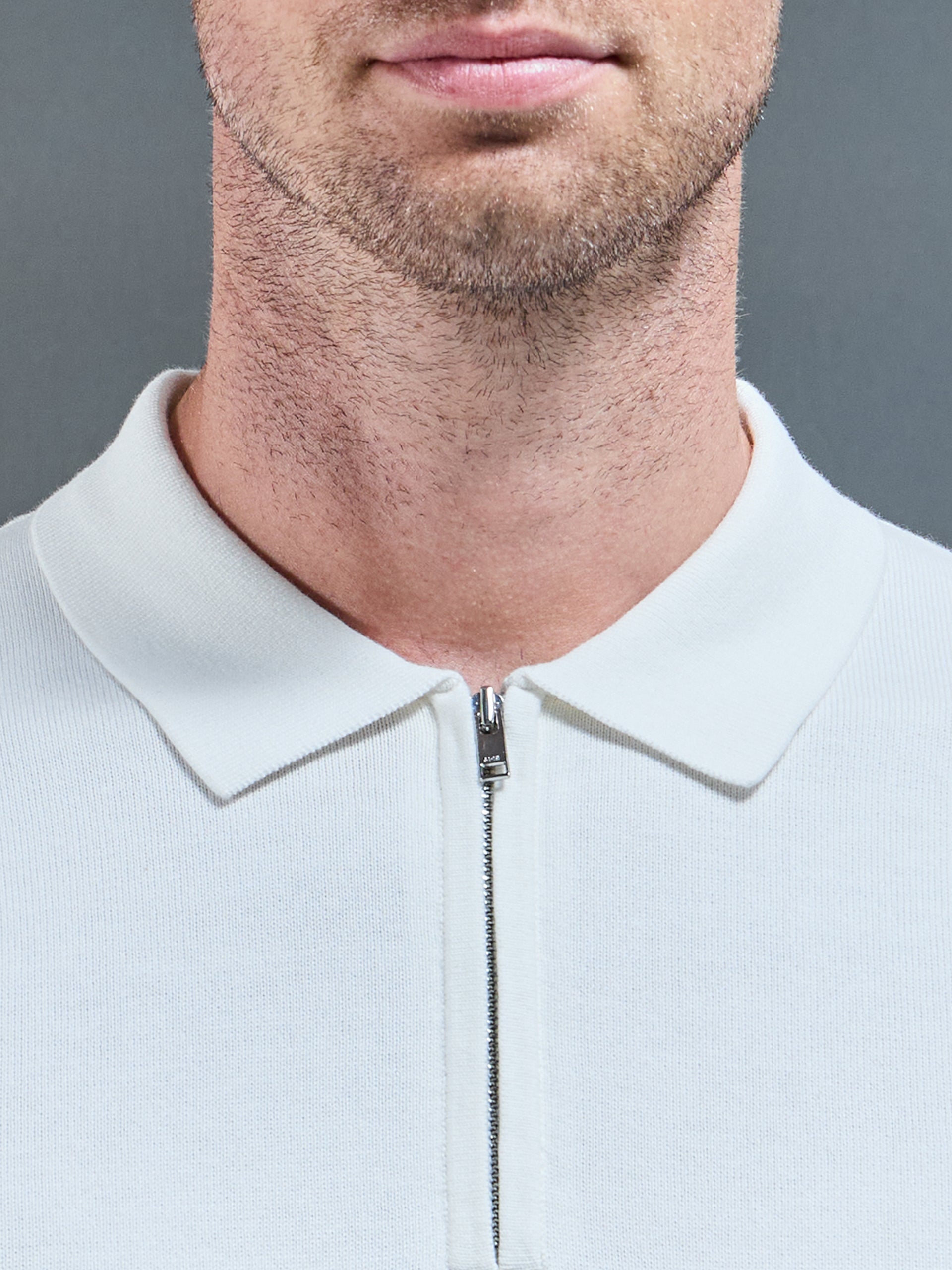 Mens Lario Knitted Zip Polo Shirt in Stone