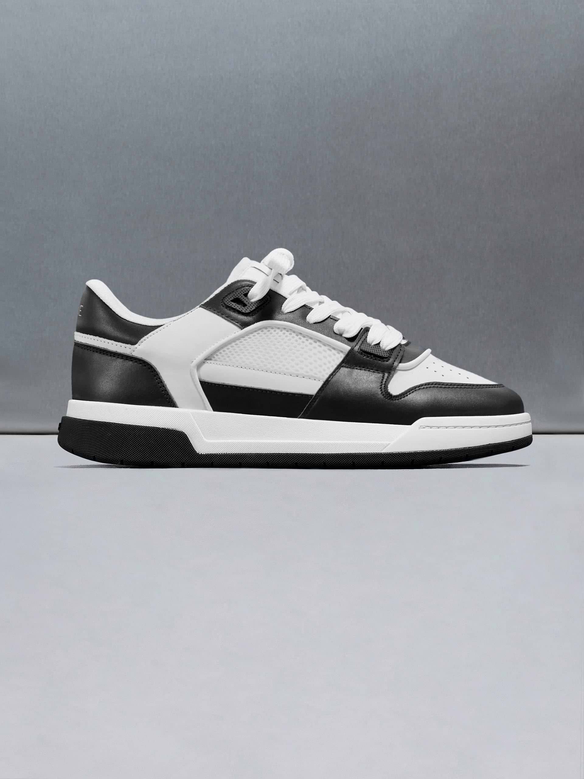 Leather Basket Trainer in White Black