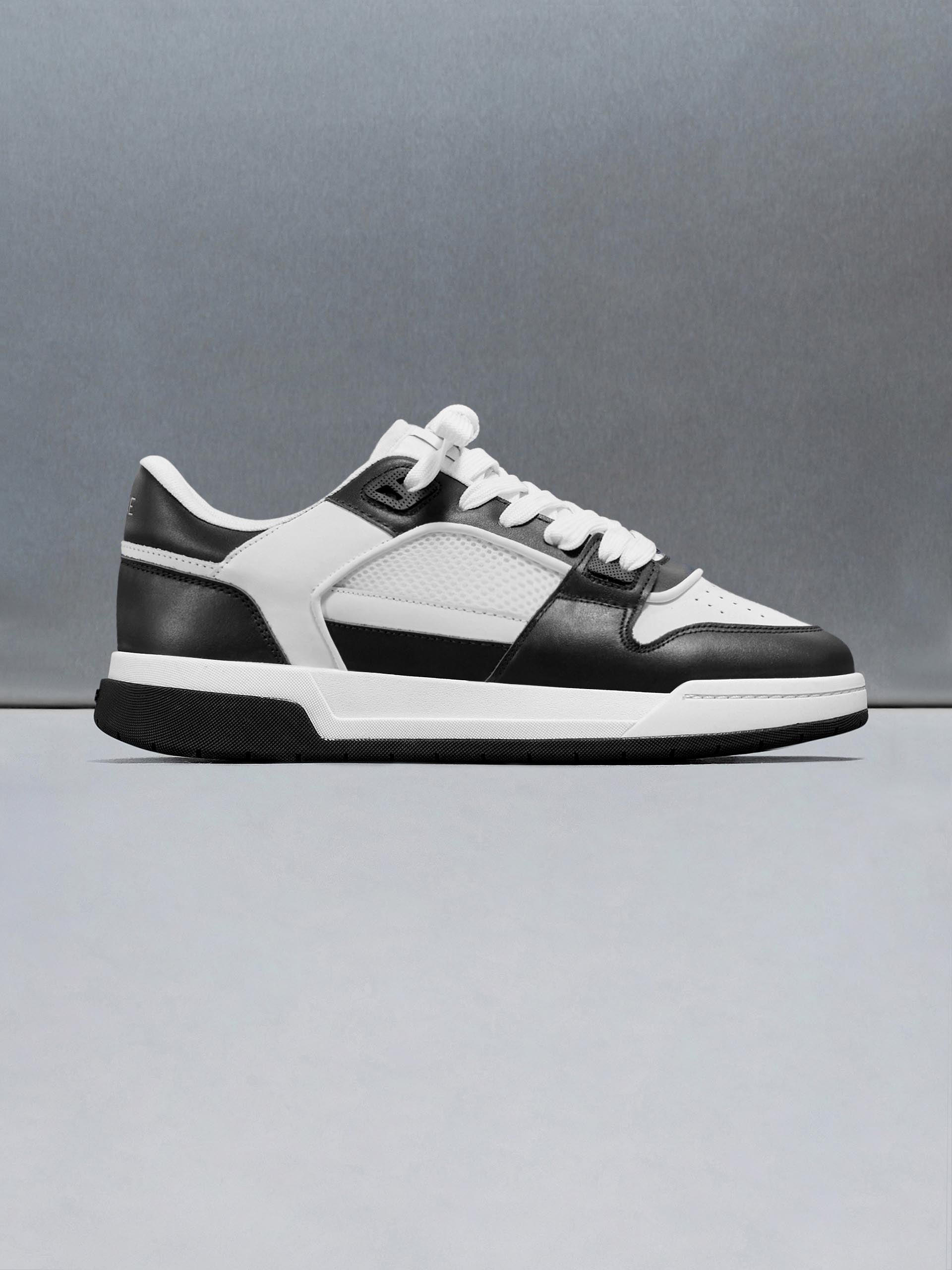Mens Leather Basket Trainer in White Black