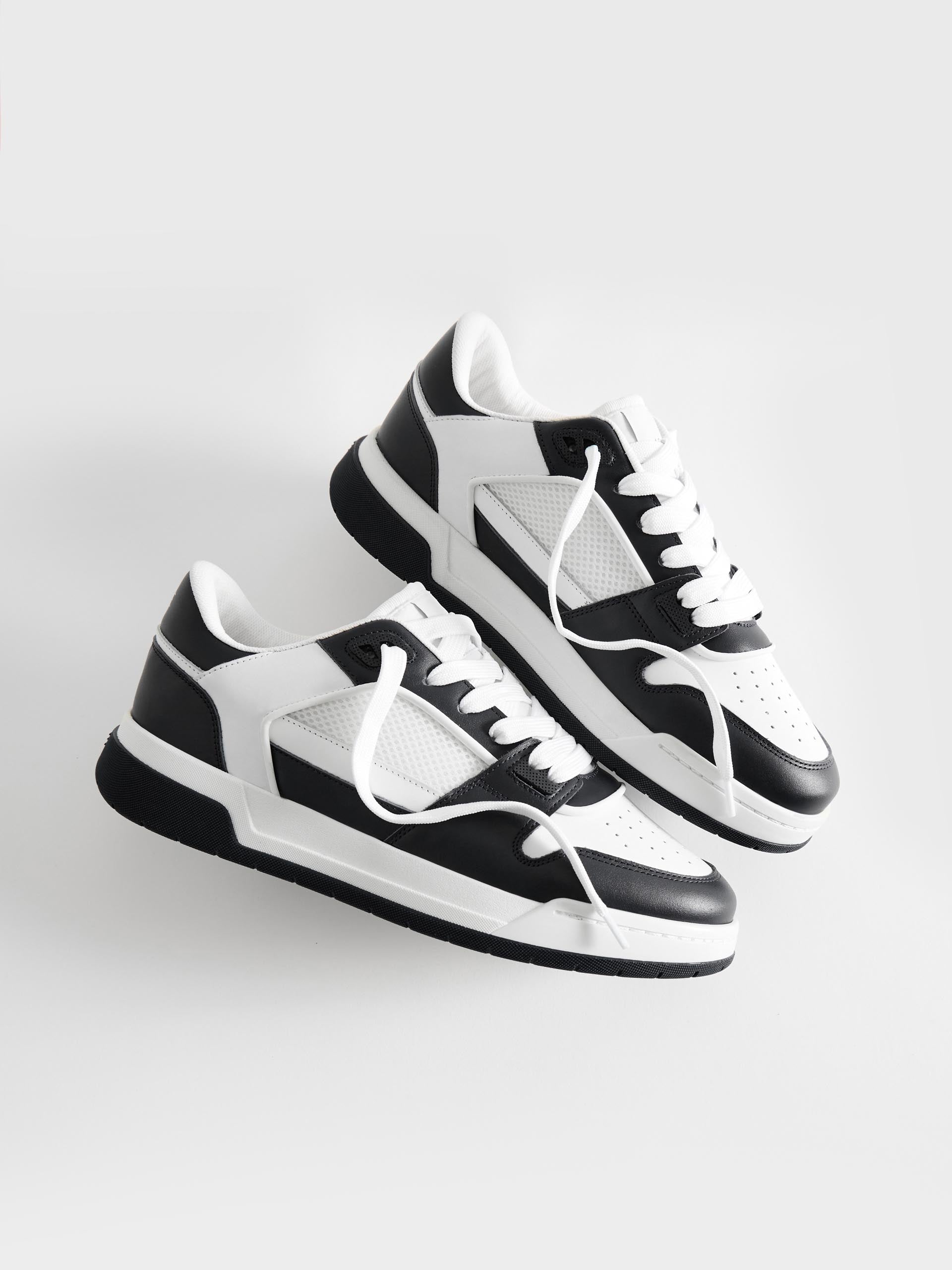 Mens Leather Basket Trainer in White Black