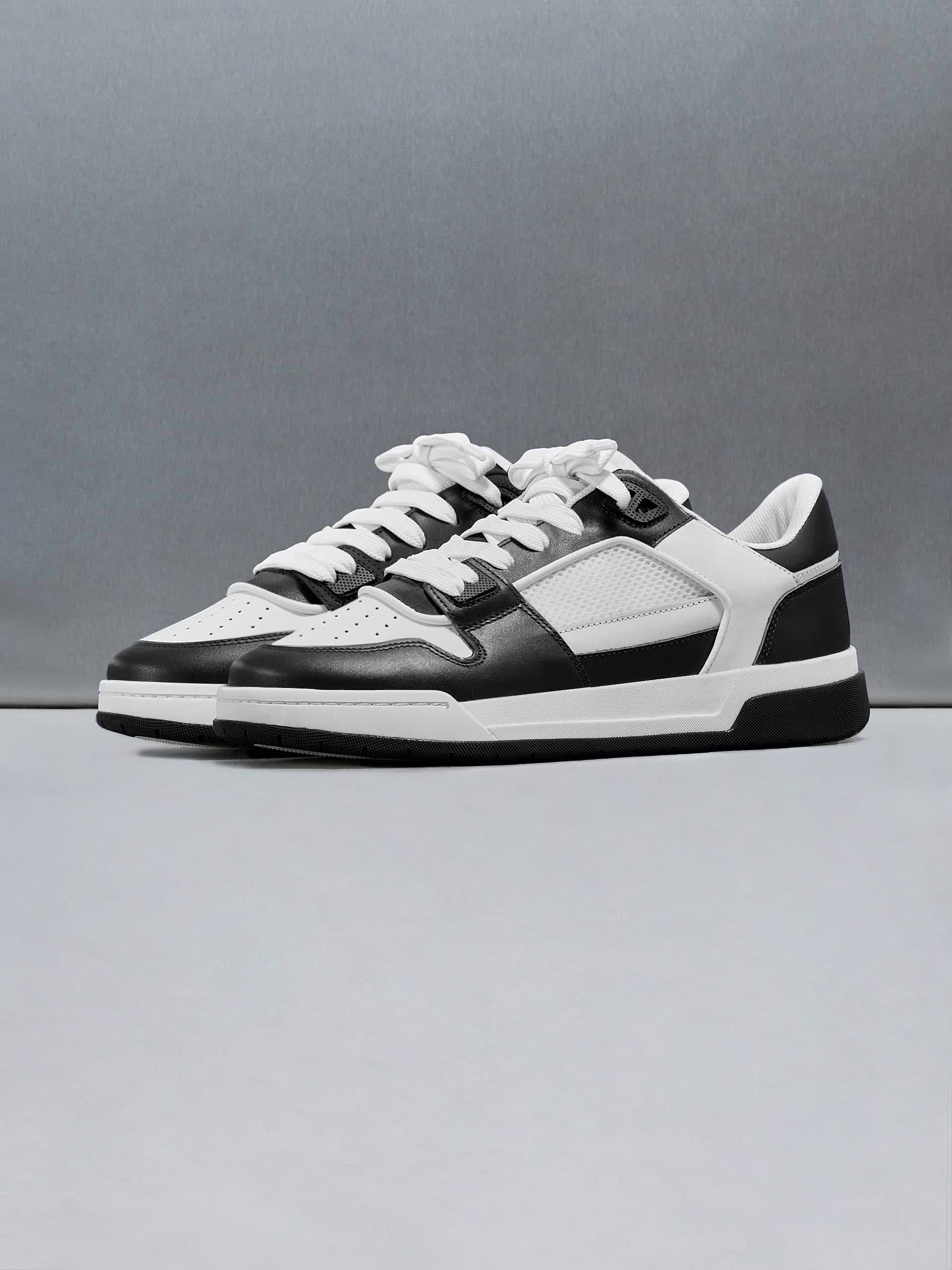 Leather Basket Trainer in White Black