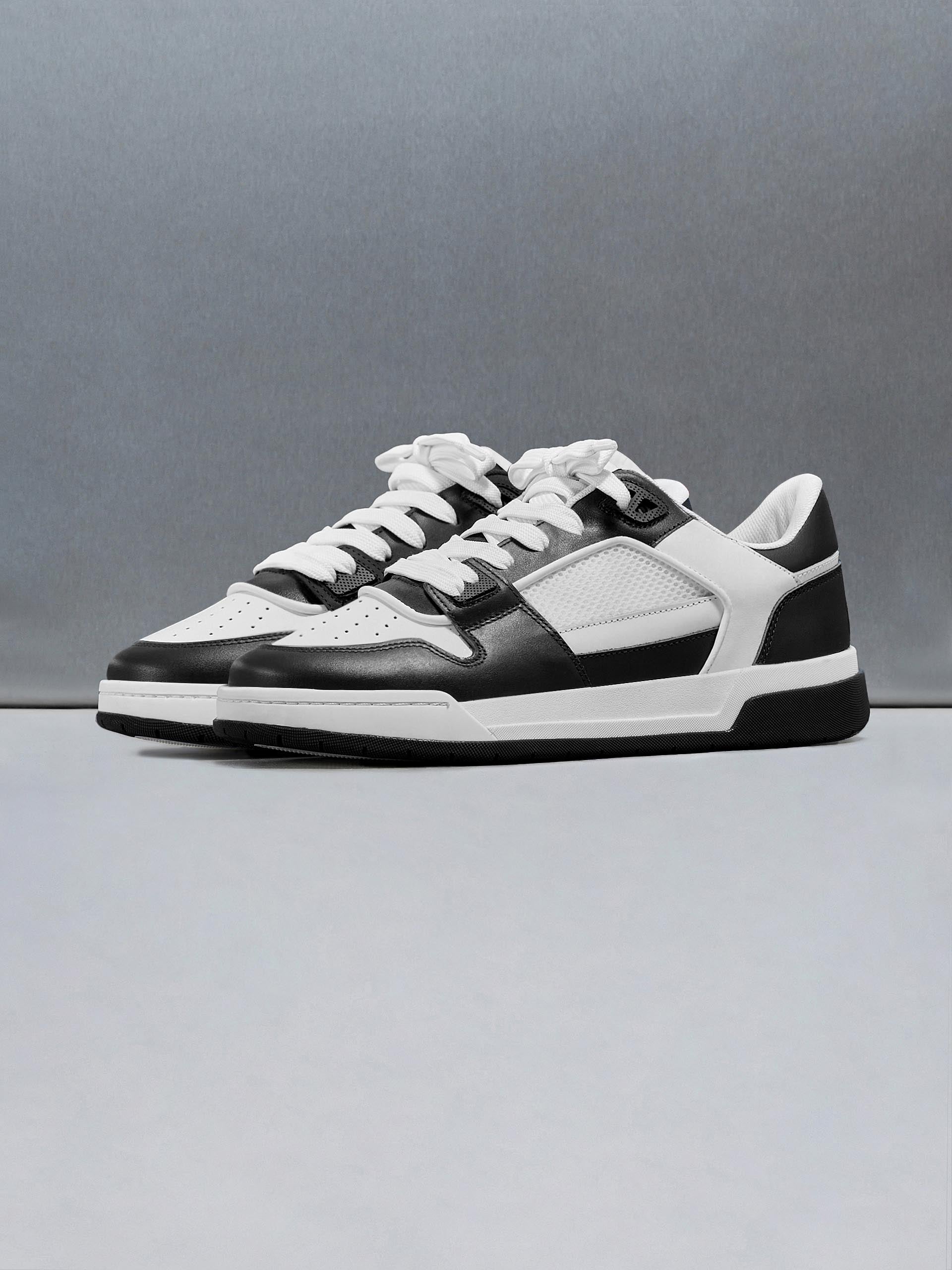 Mens Leather Basket Trainer in White Black