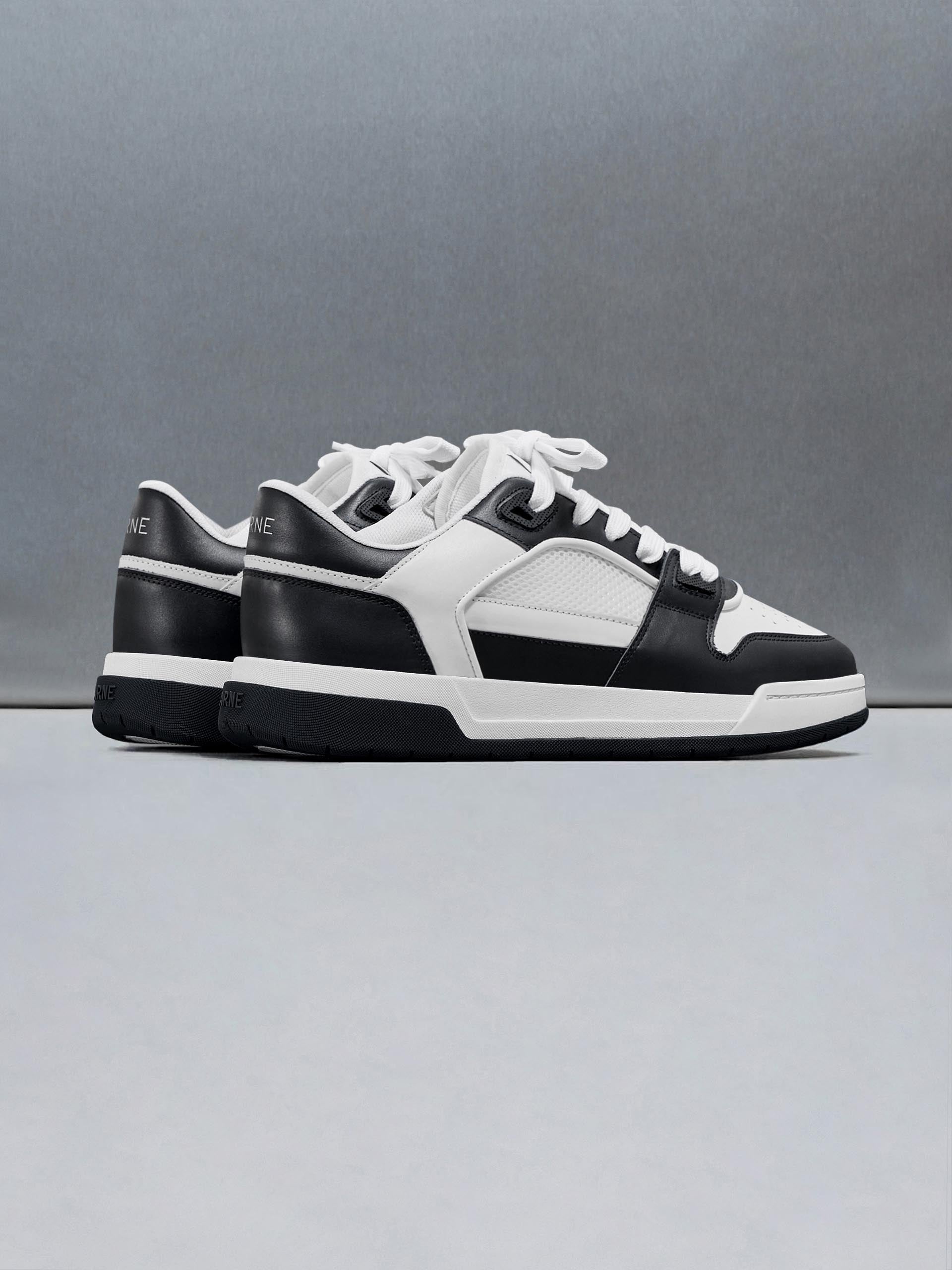 Mens Leather Basket Trainer in White Black
