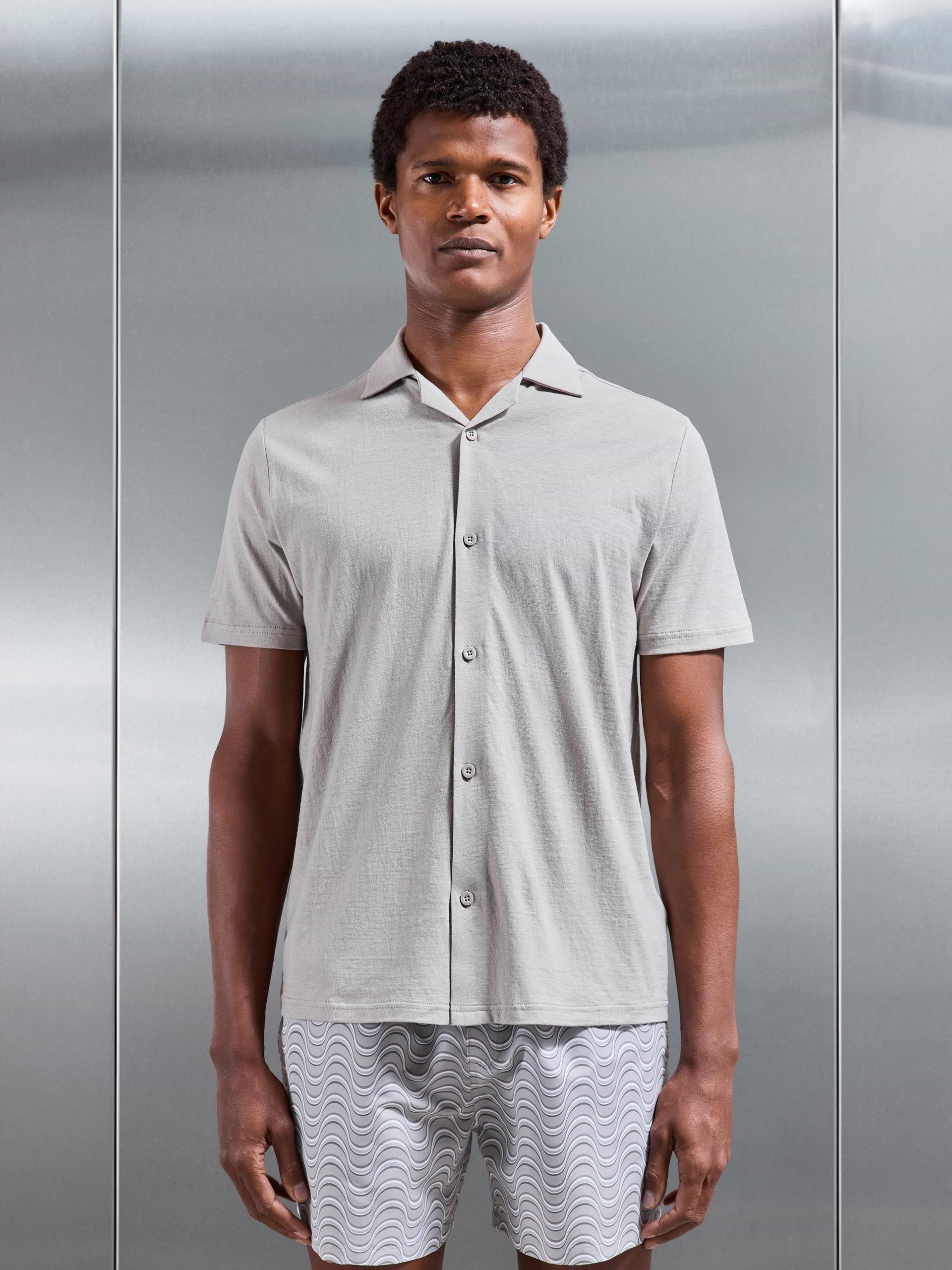 Linen Blend Revere Collar Shirt in Stone