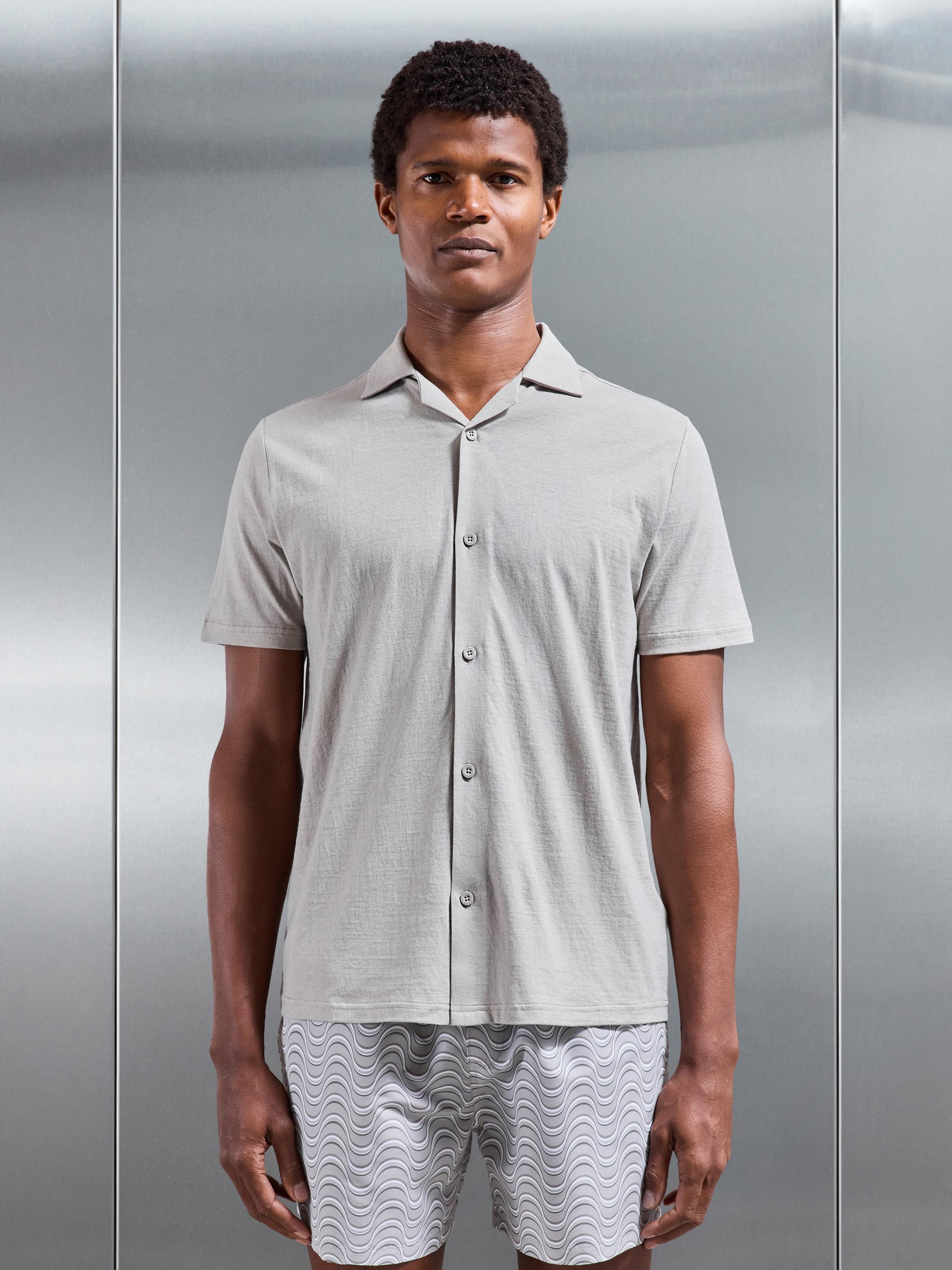 Mens Linen Blend Revere Collar Shirt in Stone