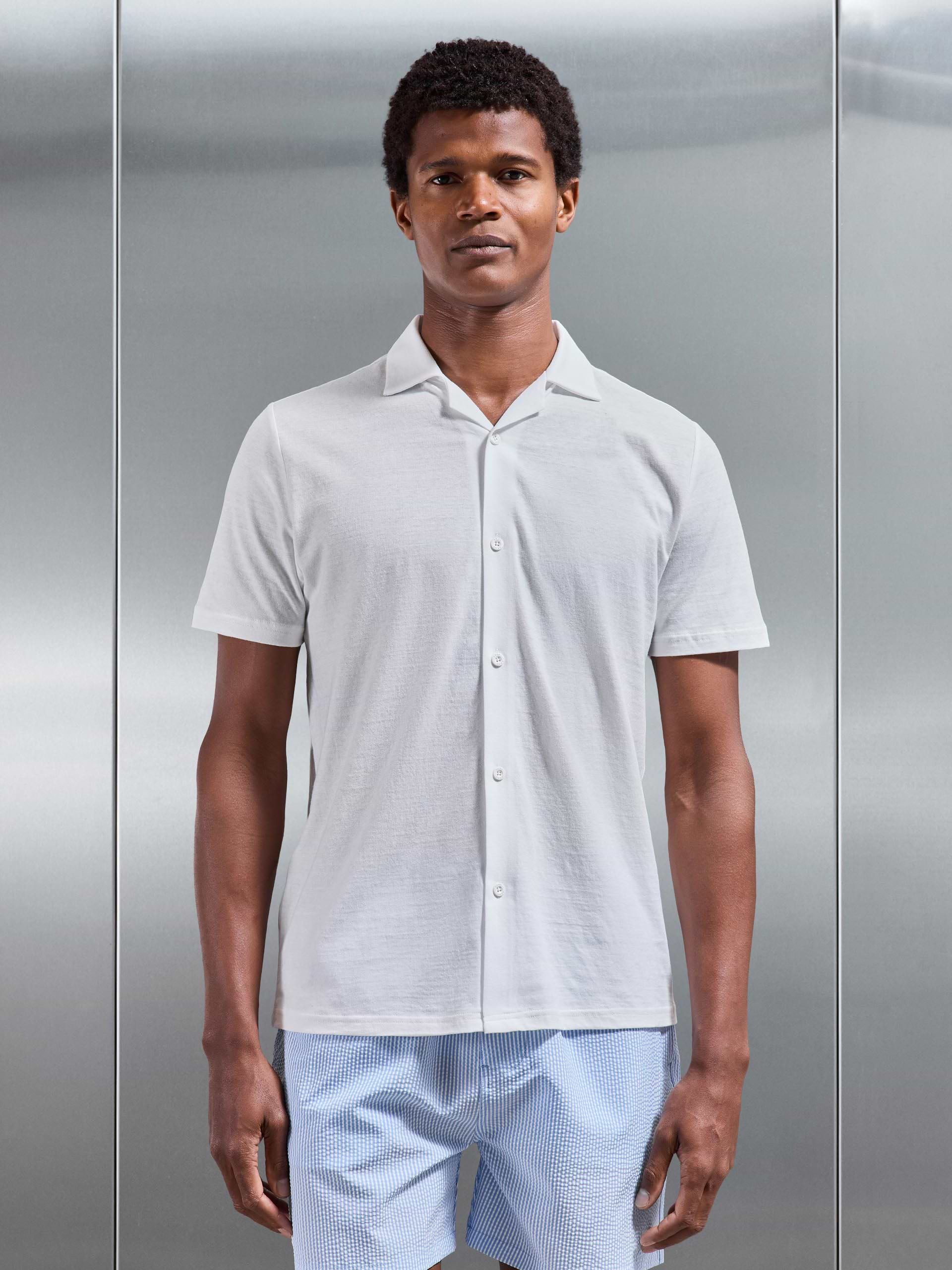 Linen Blend Revere Collar Shirt in White