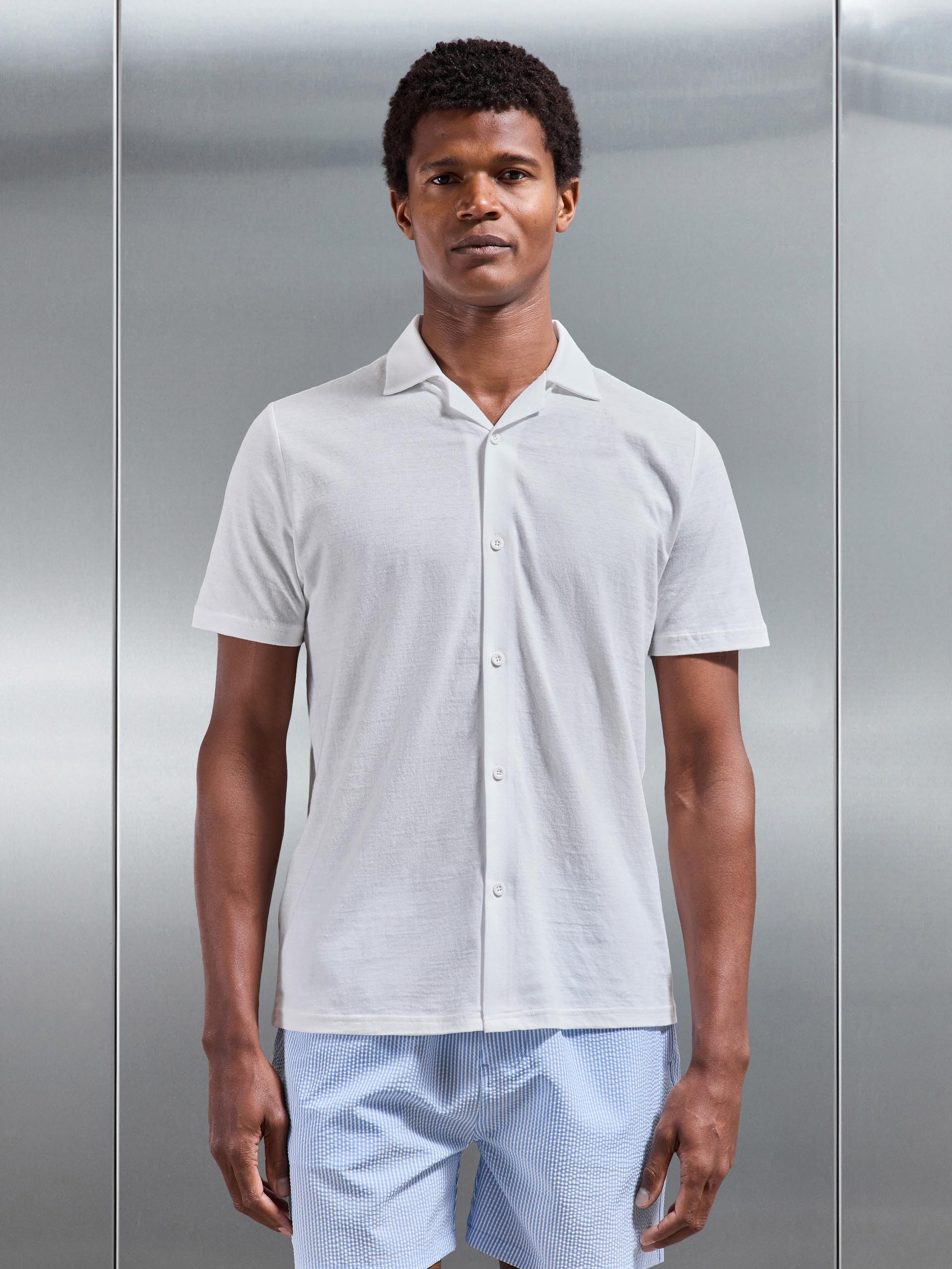 Mens Linen Blend Revere Collar Shirt in White