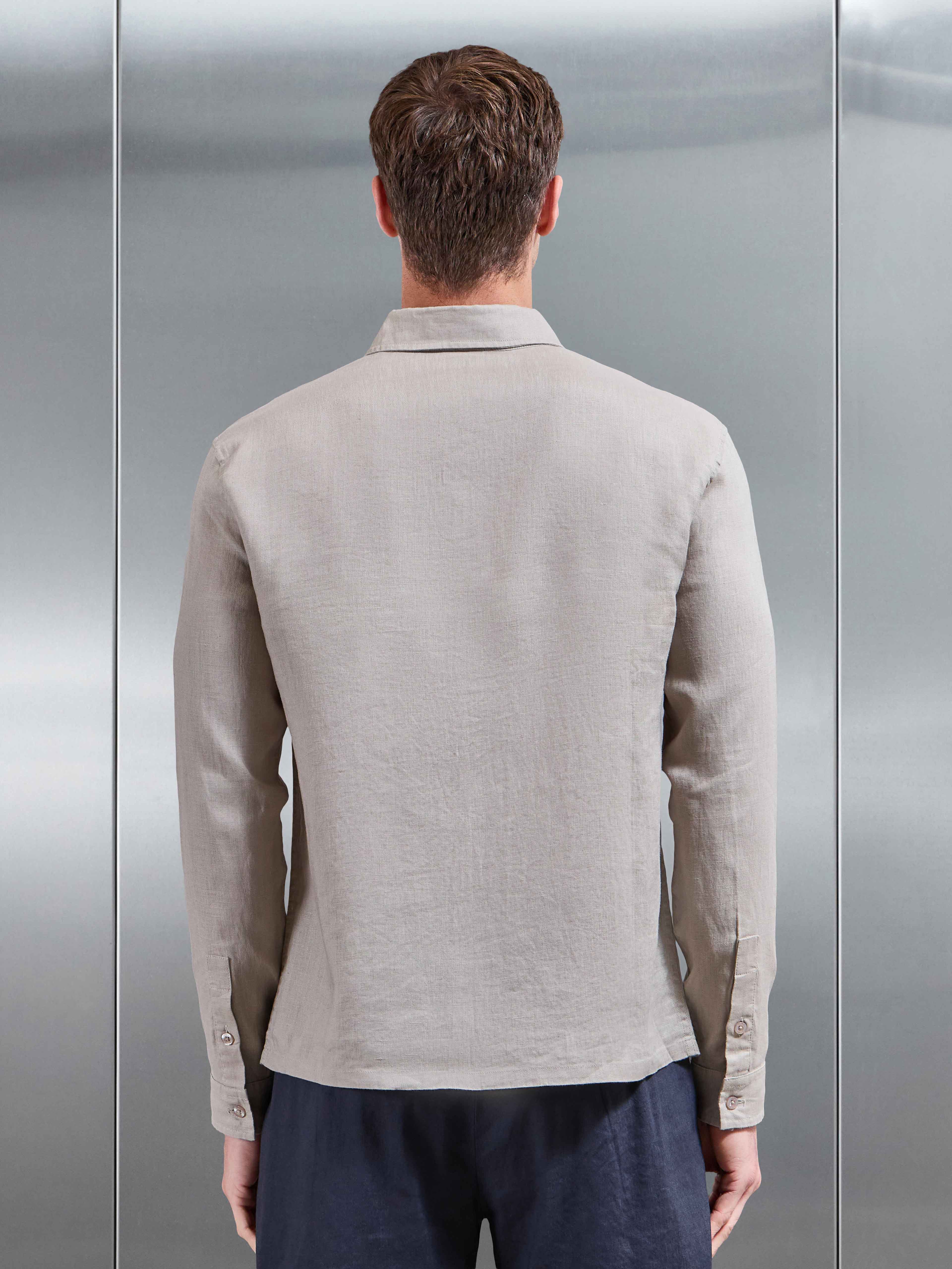 Mens Linen Long Sleeve Cutaway Collar Shirt in Stone