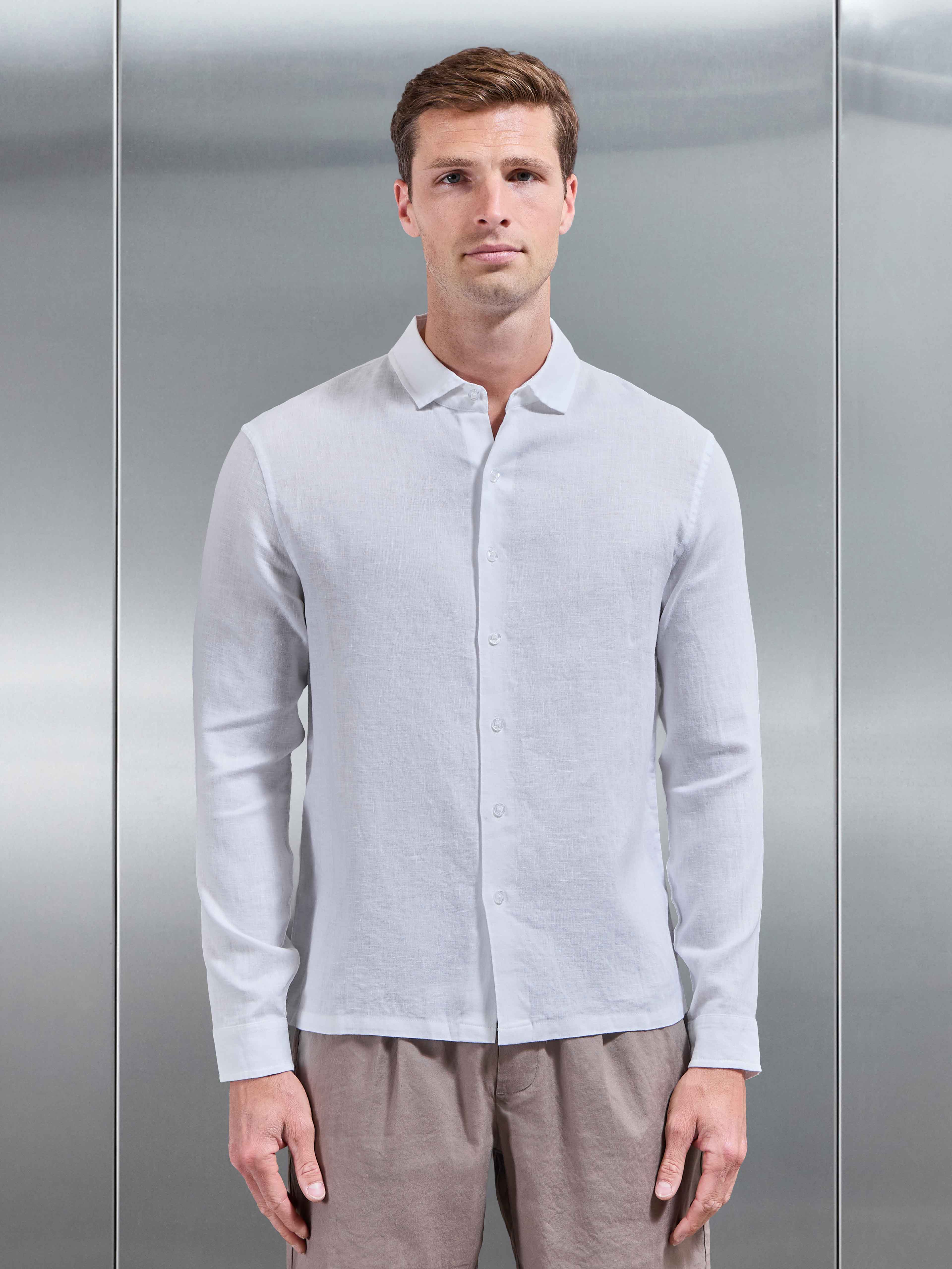 Mens Linen Long Sleeve Cutaway Collar Shirt in White