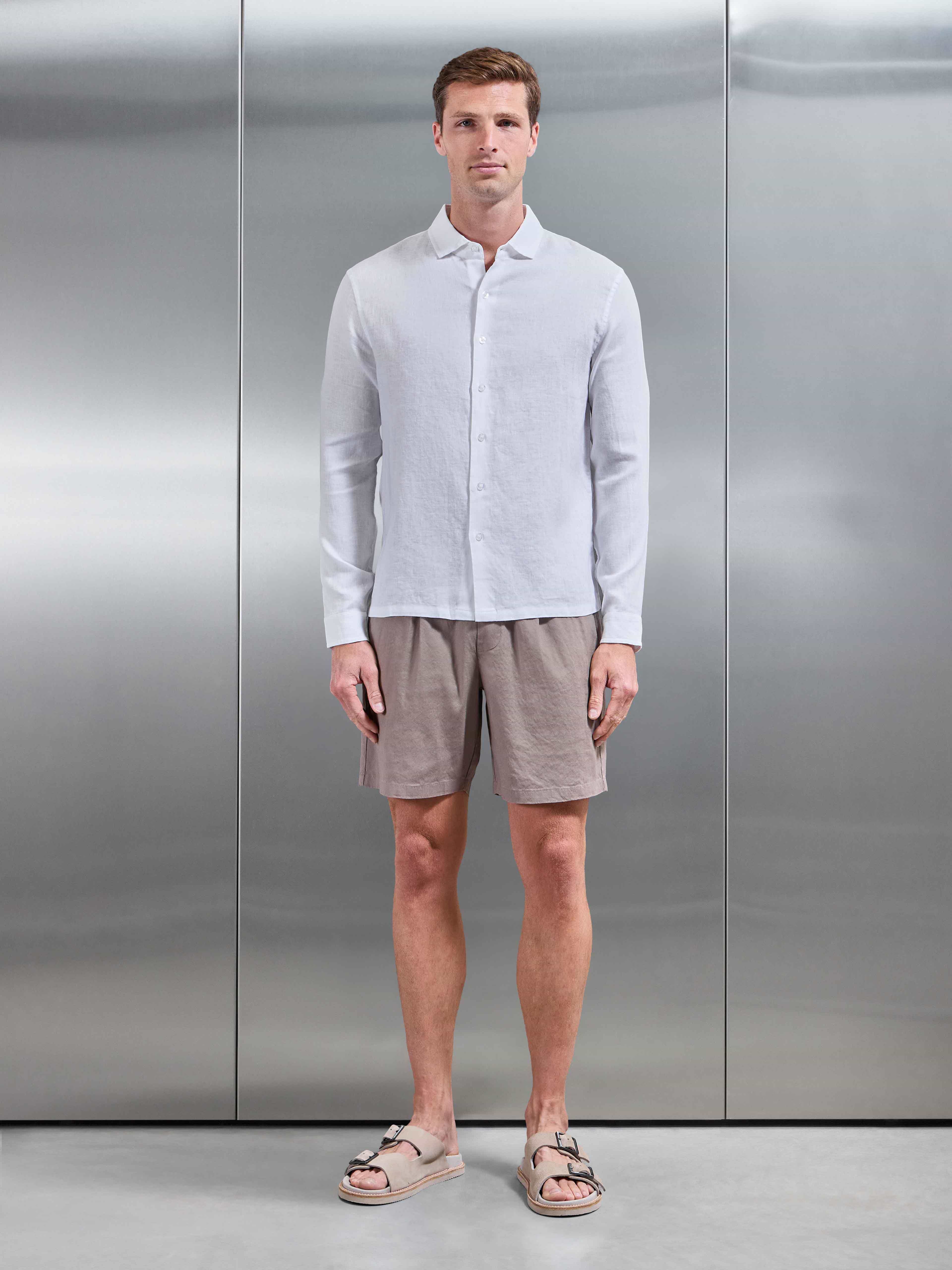 Mens Linen Long Sleeve Cutaway Collar Shirt in White