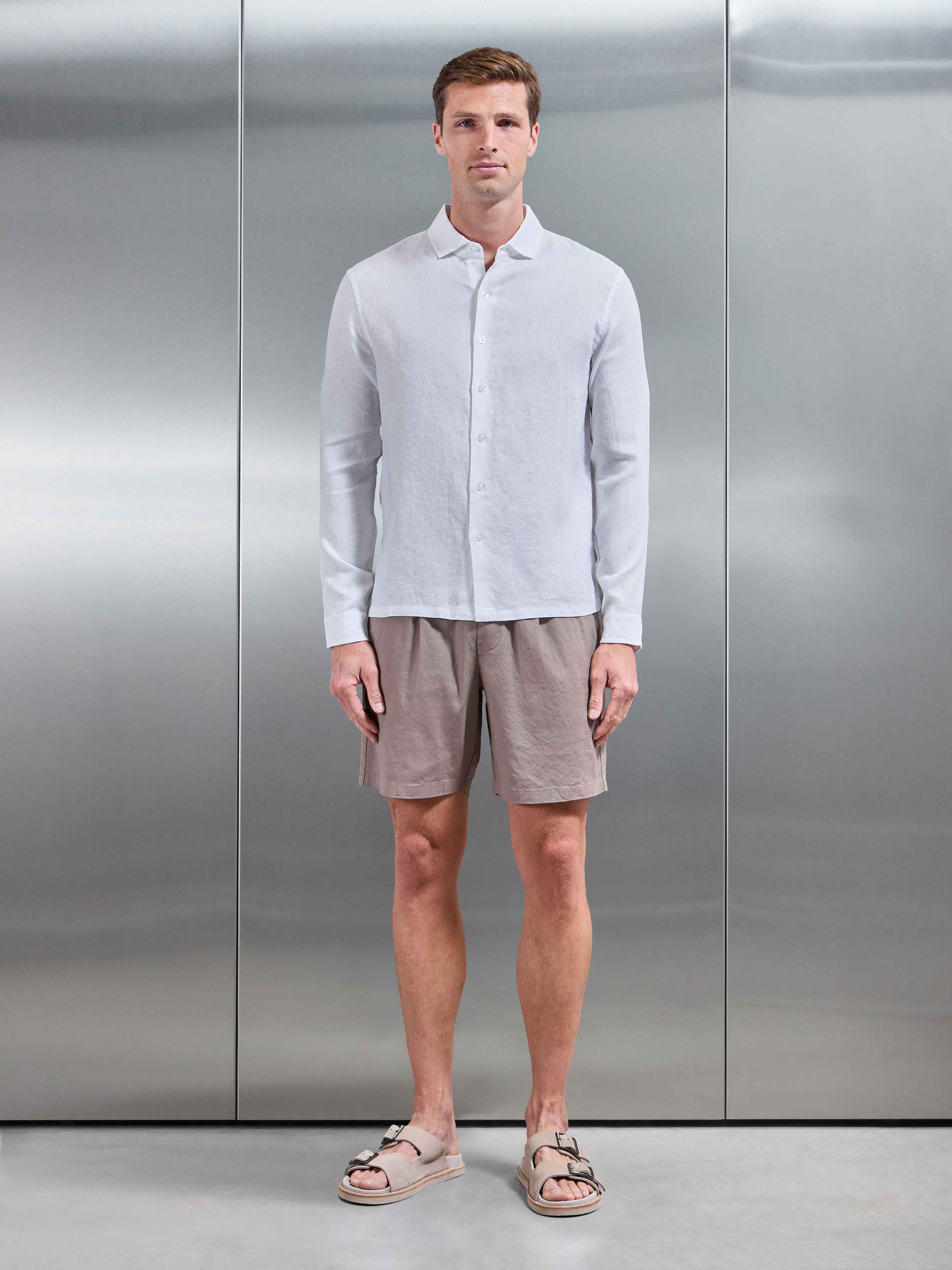 Mens Linen Long Sleeve Cutaway Collar Shirt in White