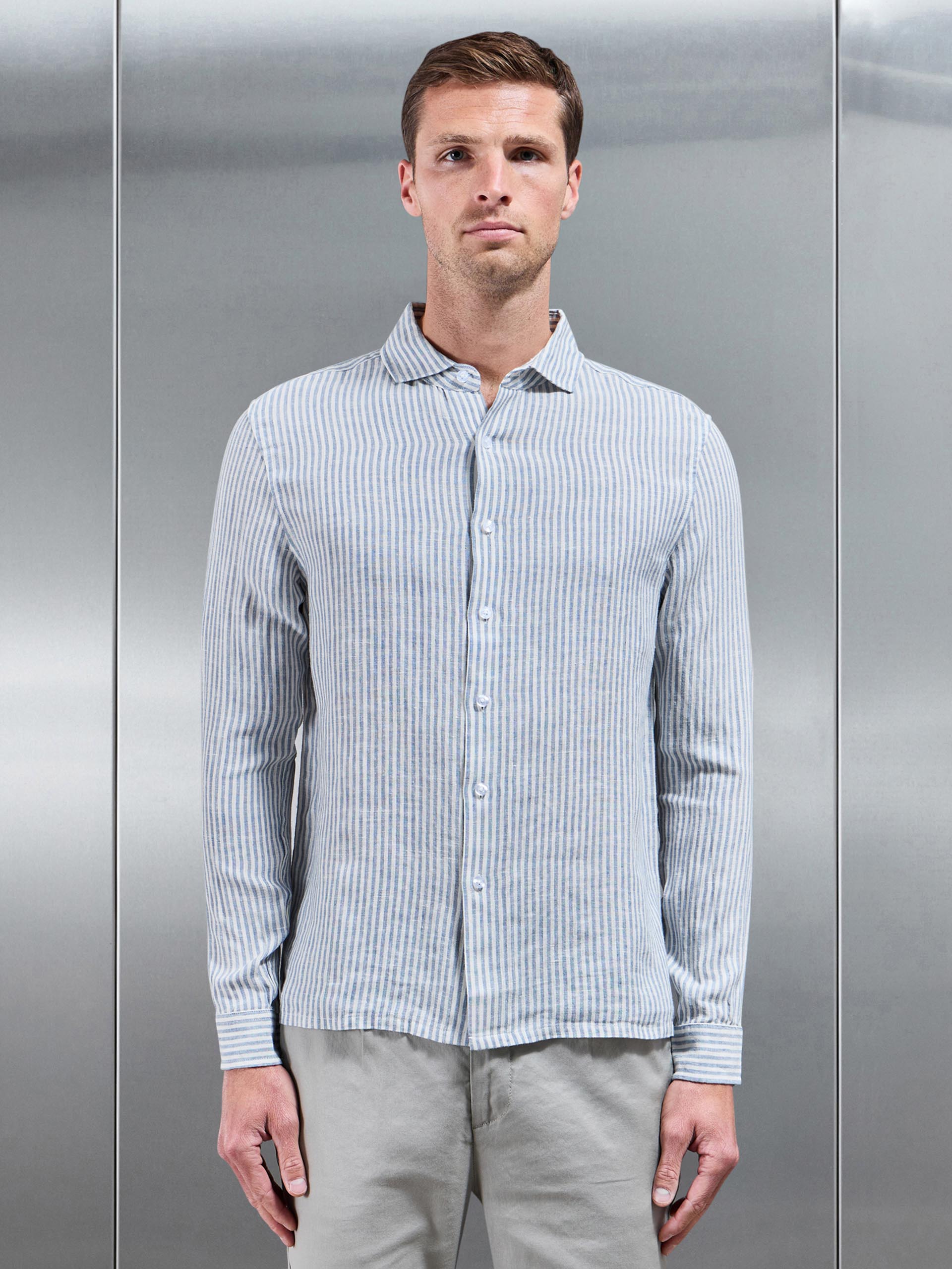 Mens Linen Long Sleeve Stripe Shirt in White Light Blue