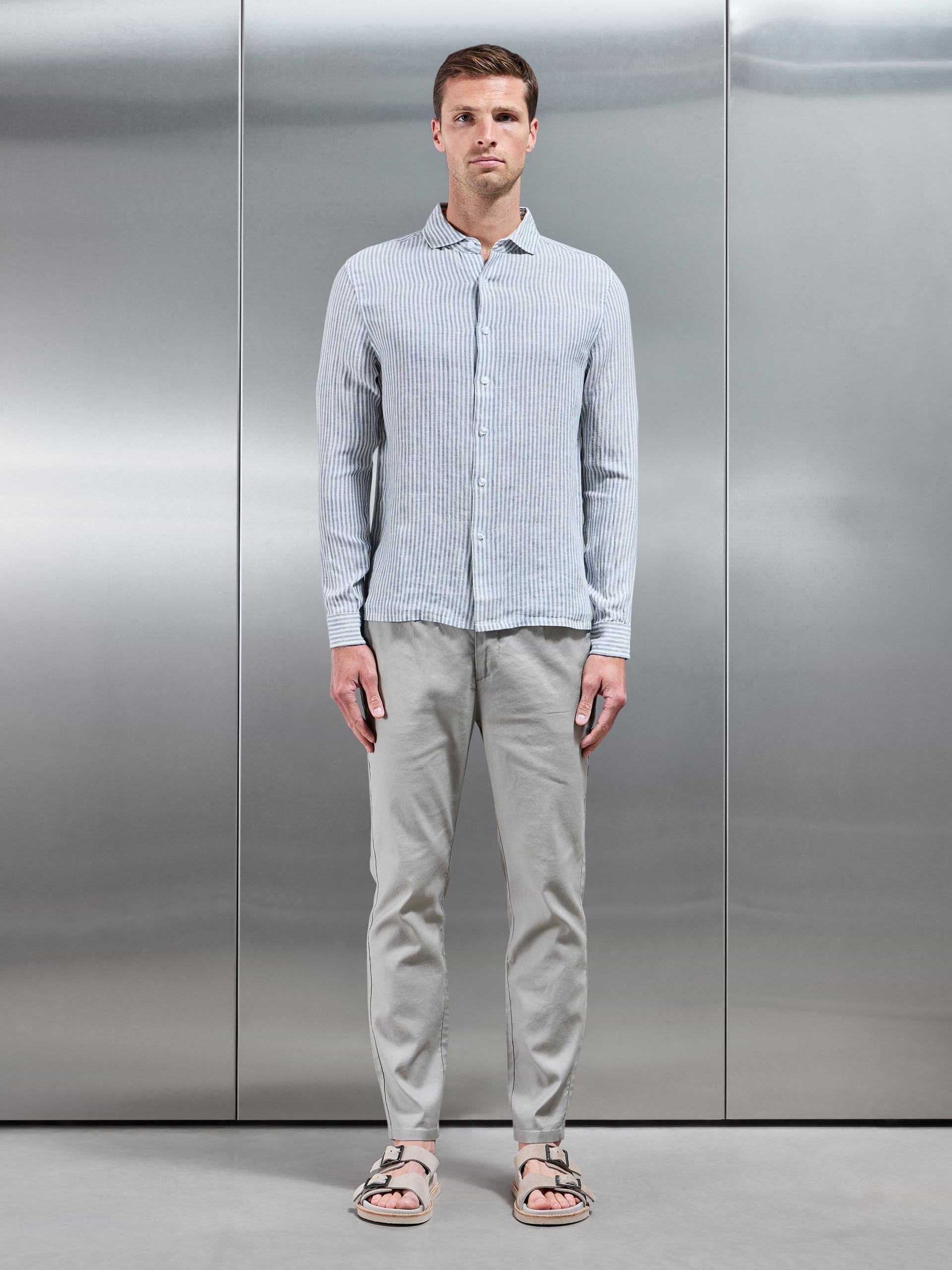 Mens Linen Long Sleeve Stripe Shirt in White Light Blue
