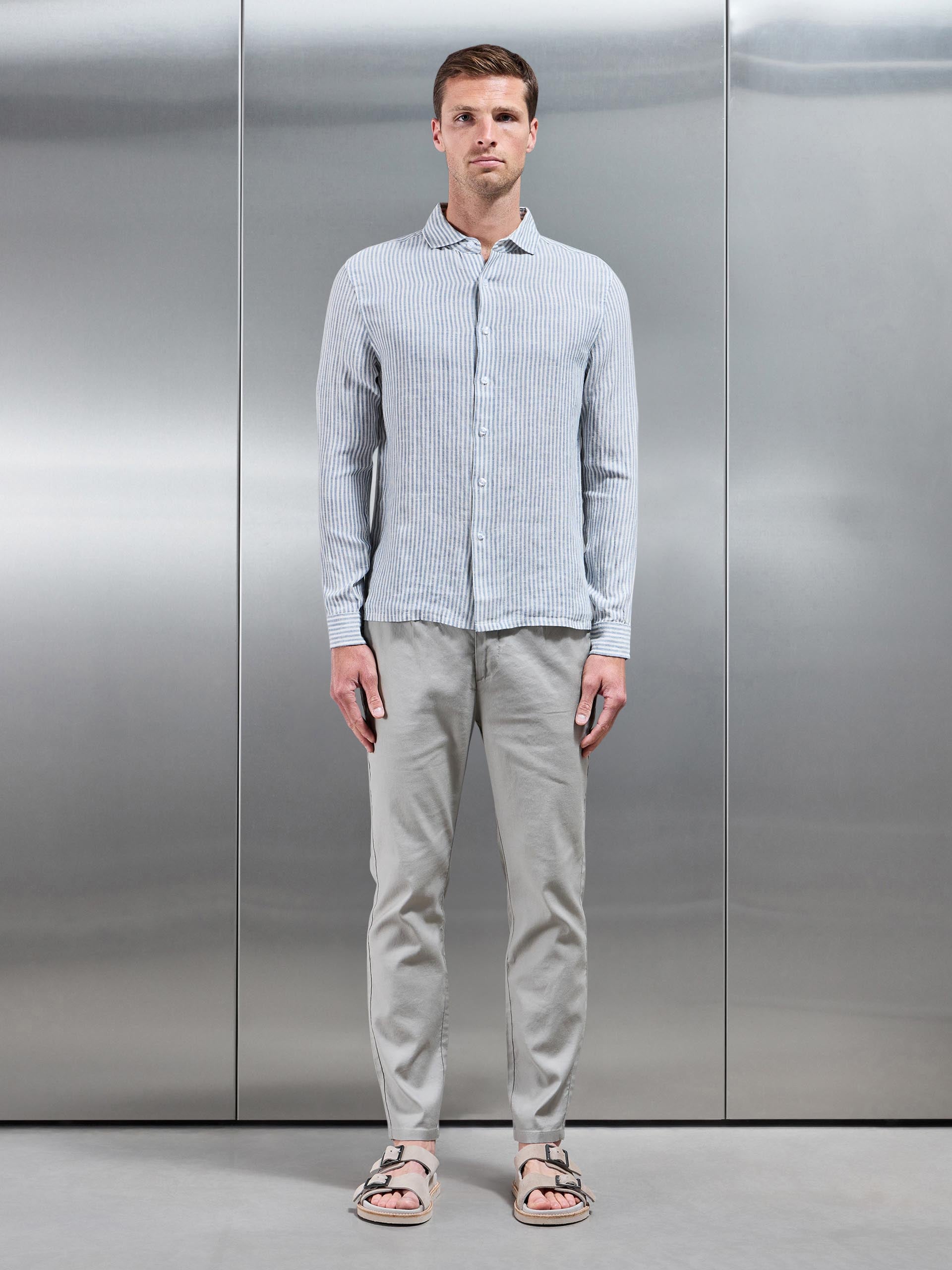 Mens Linen Long Sleeve Stripe Shirt in White Light Blue