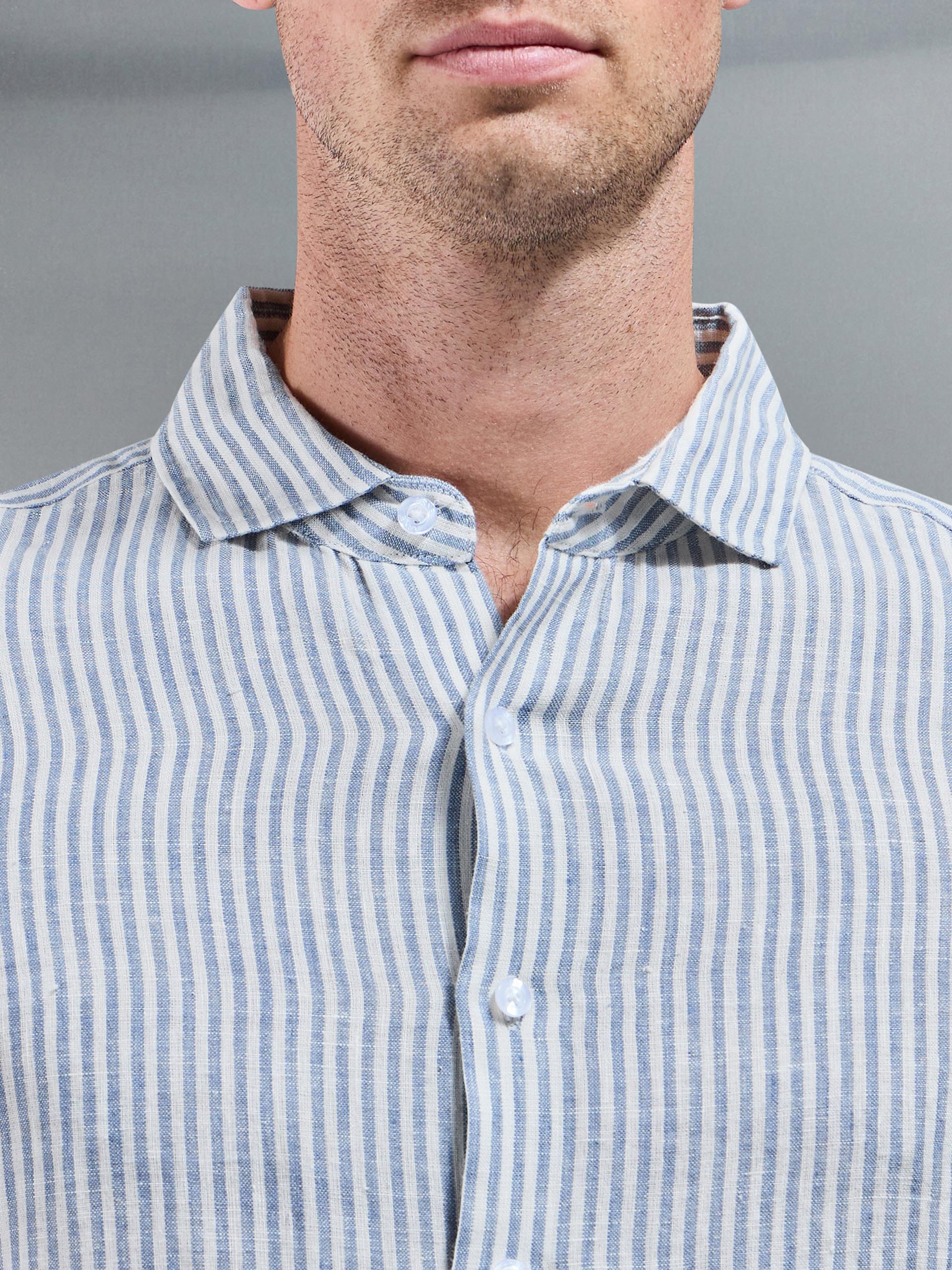 Mens Linen Long Sleeve Stripe Shirt in White Light Blue