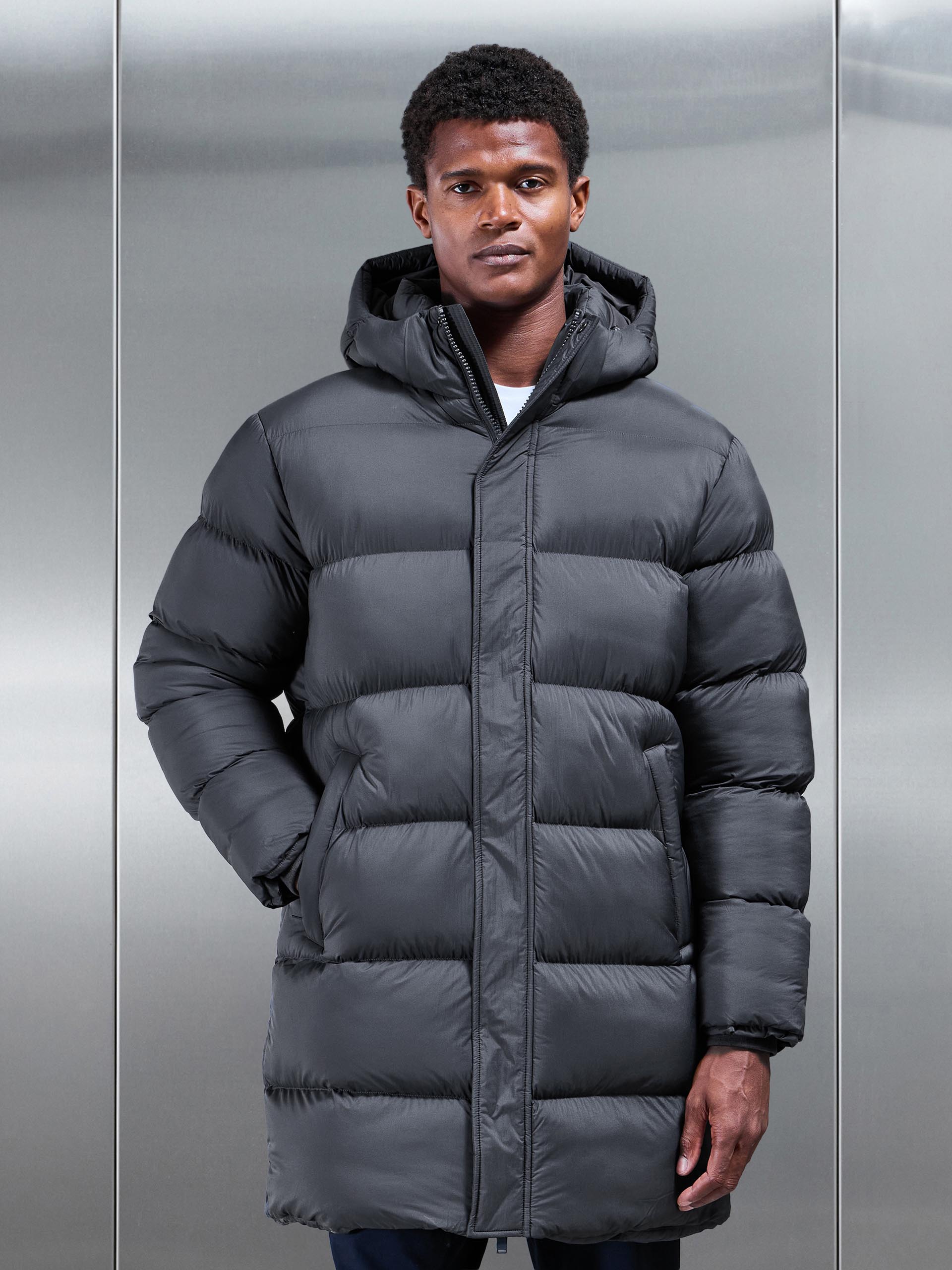 Mens Matte Mid Length Puffer Jacket in Grey