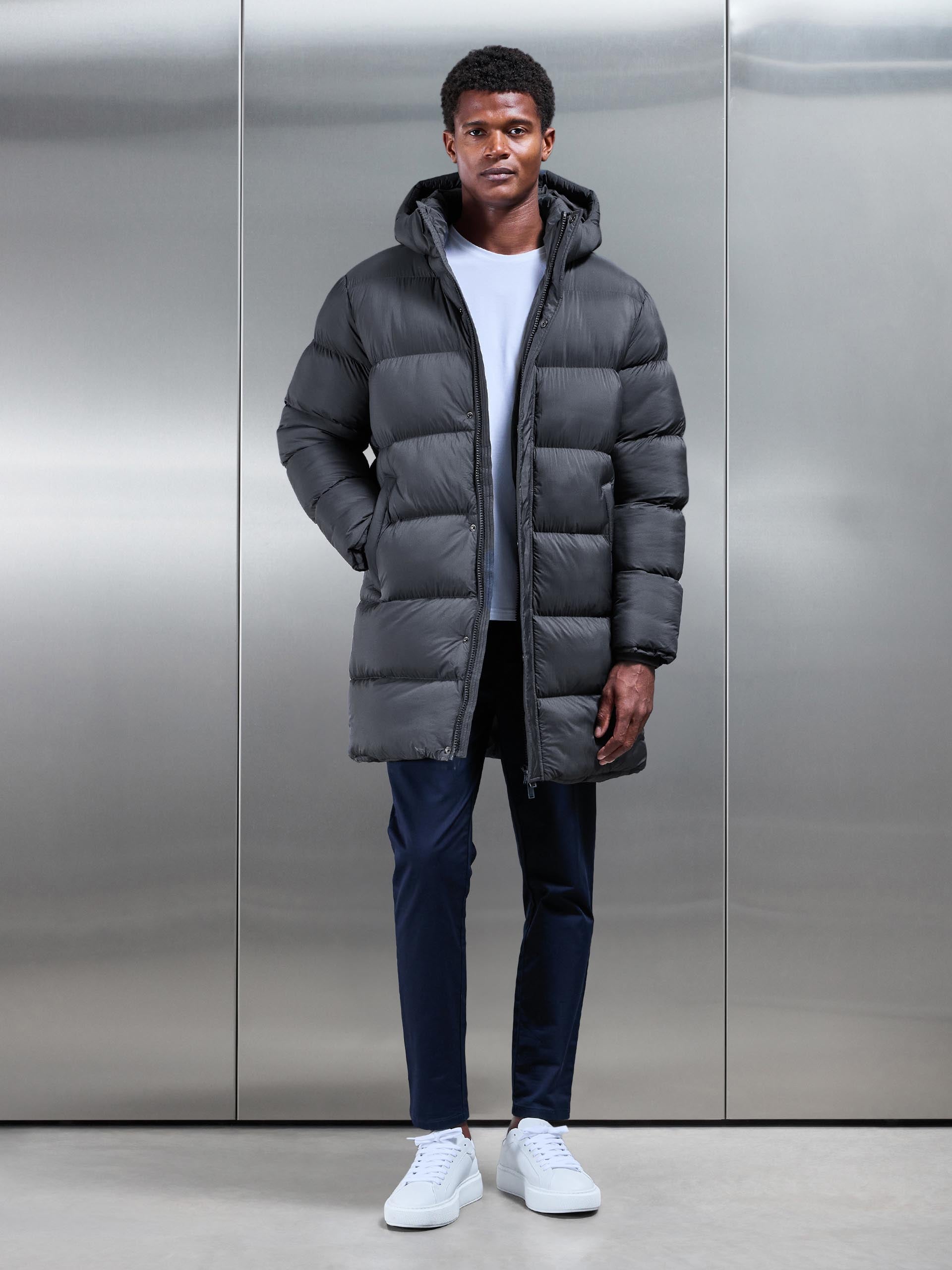 Mens Matte Mid Length Puffer Jacket in Grey