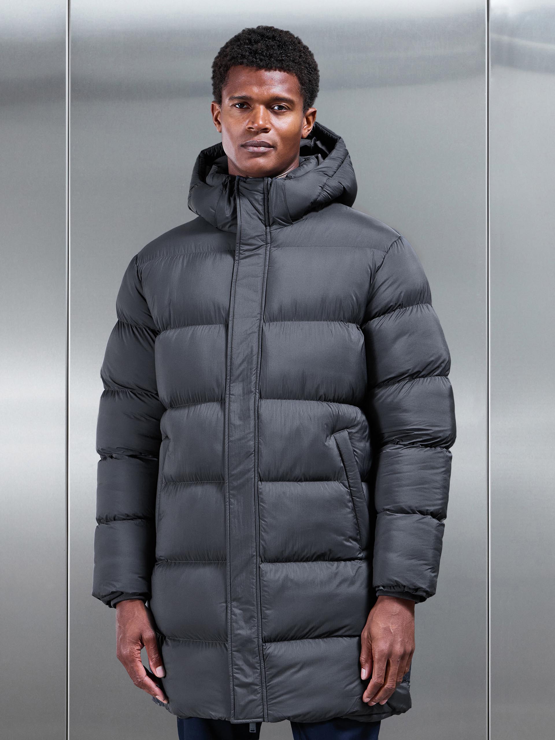 Mens Matte Mid Length Puffer Jacket in Grey