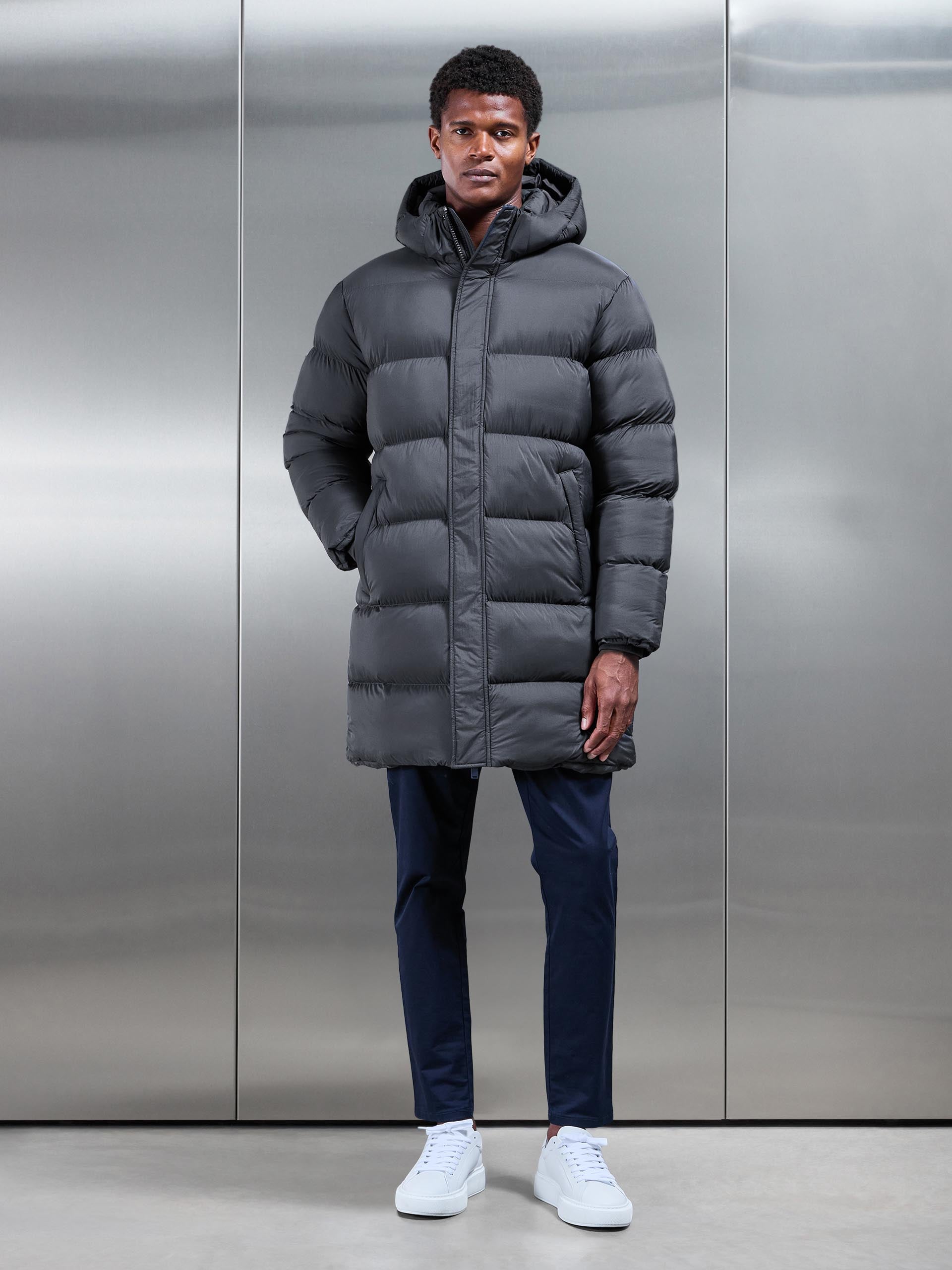 Mens Matte Mid Length Puffer Jacket in Grey