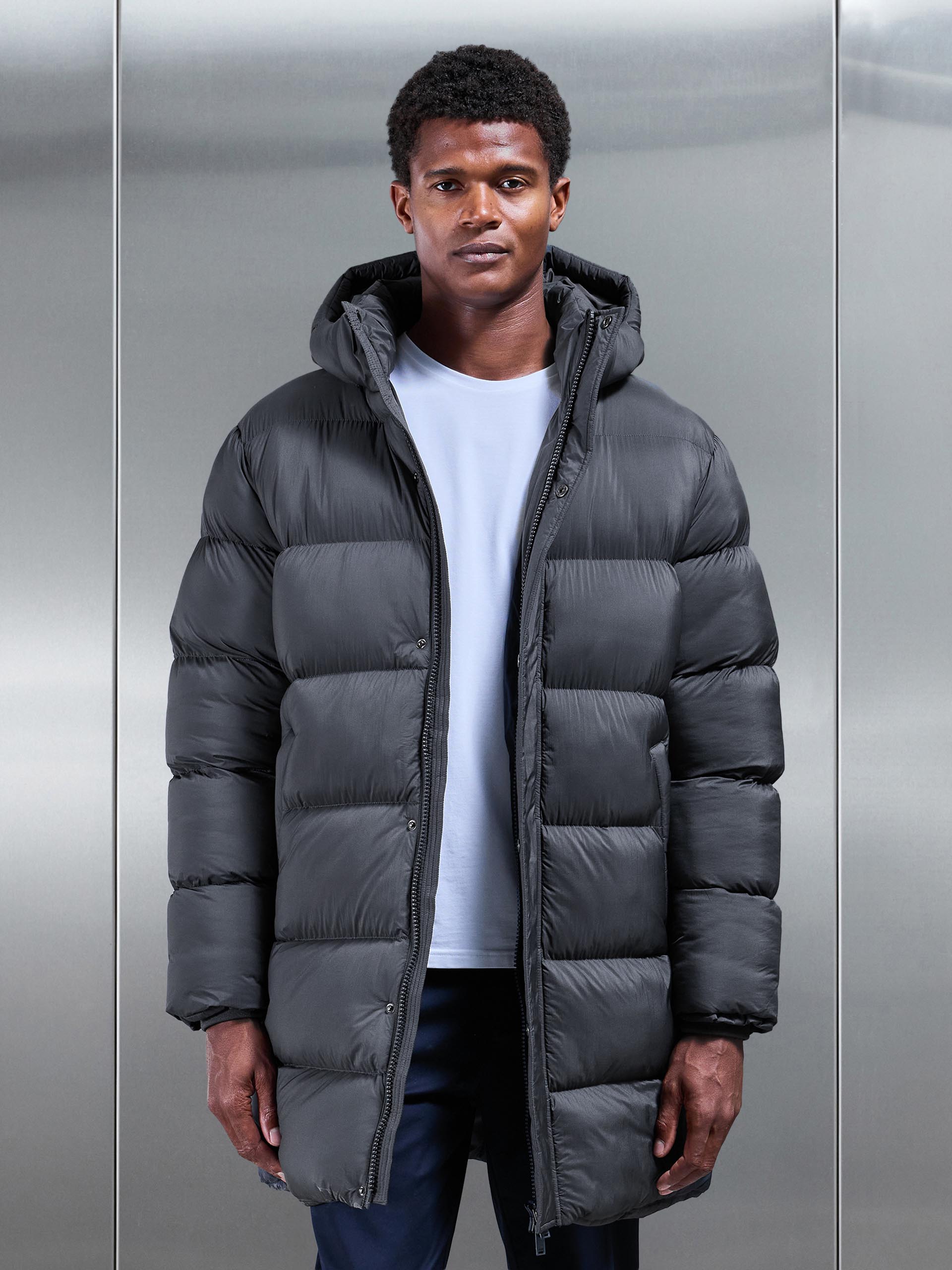 Mens Matte Mid Length Puffer Jacket in Grey