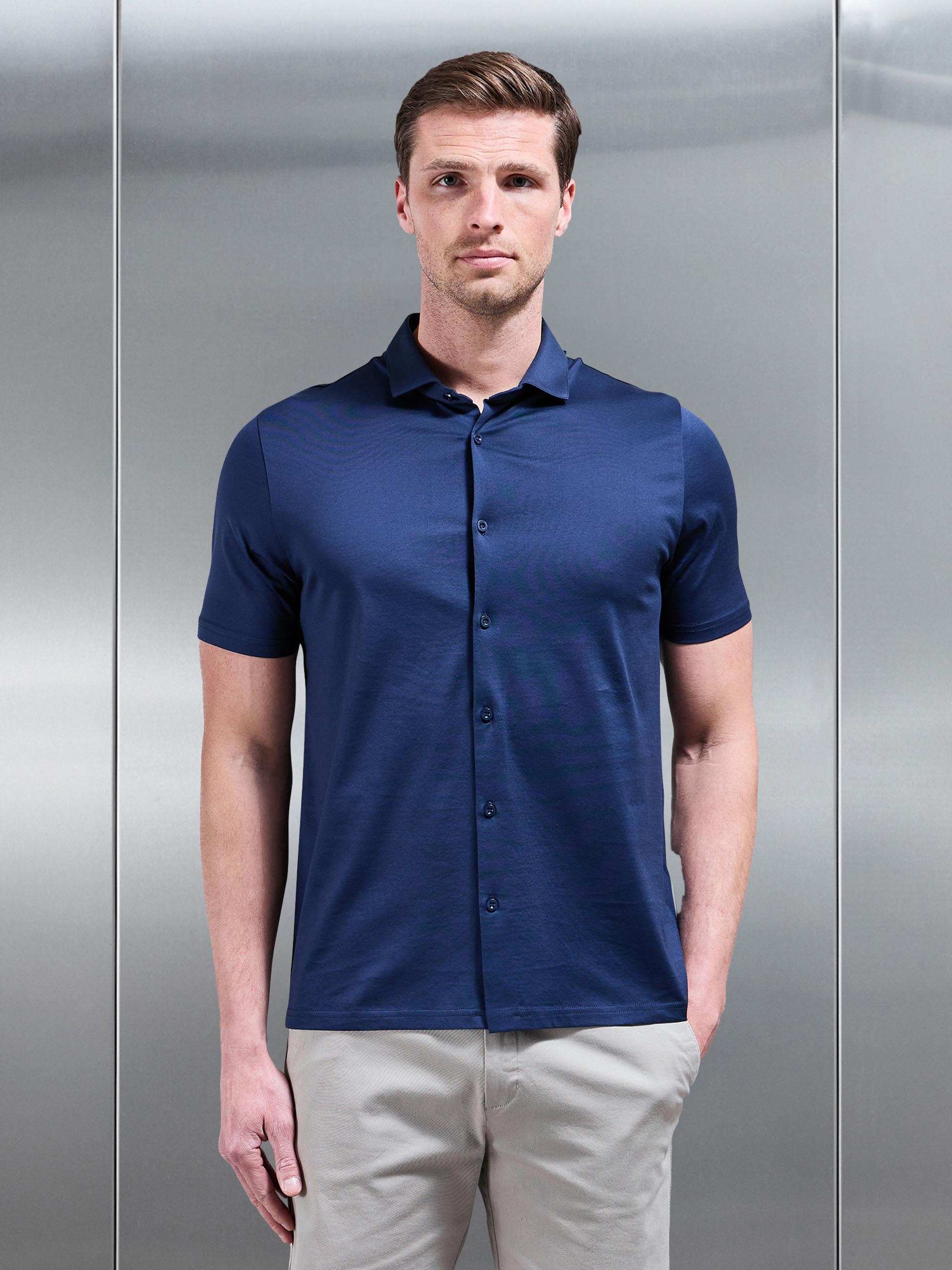 Mens Mercerised Cotton Short Sleeve Shirt in Navy