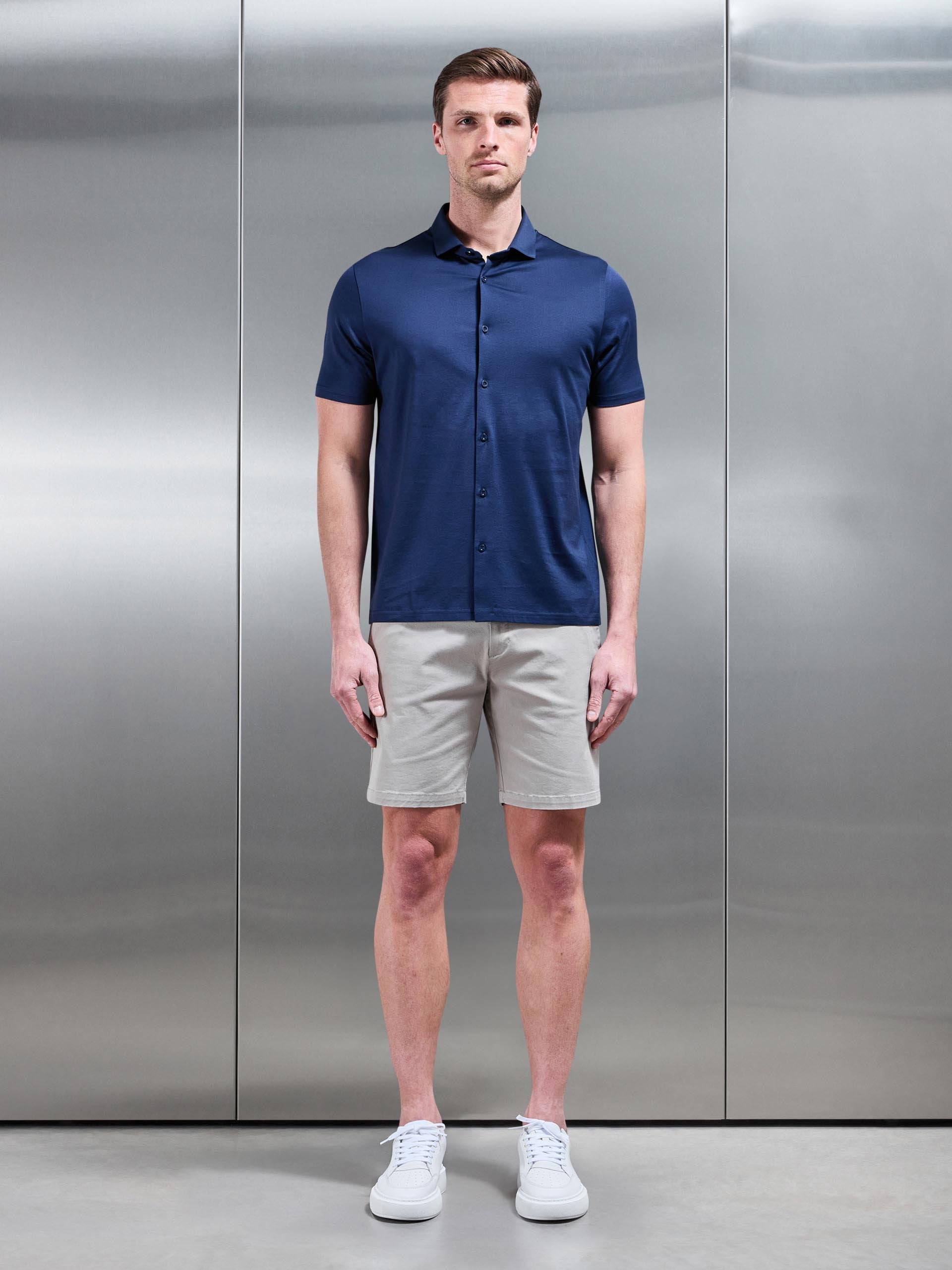 Mens Mercerised Cotton Short Sleeve Shirt in Navy