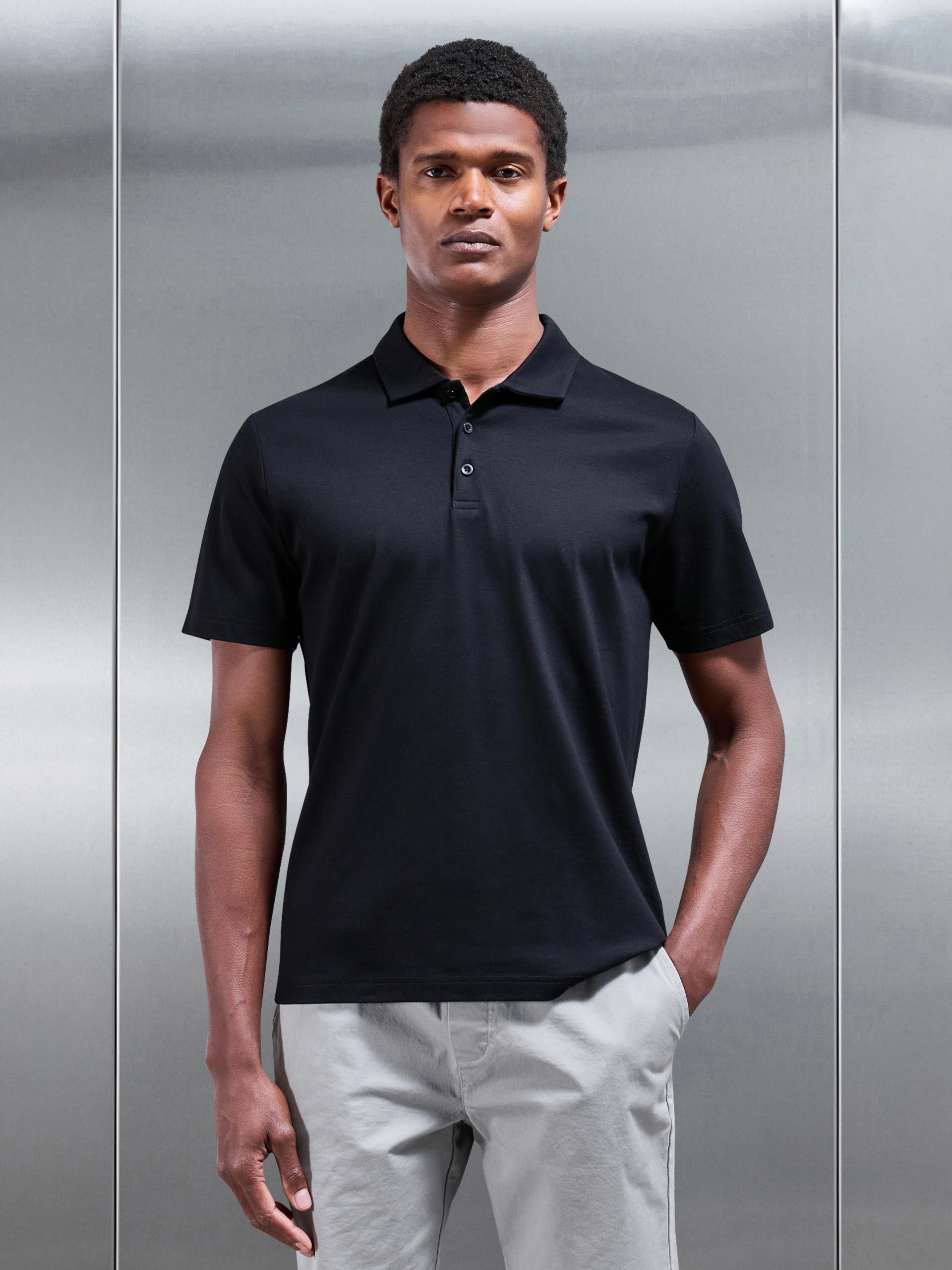 Mens Mercerised Interlock Button Polo Shirt in Black