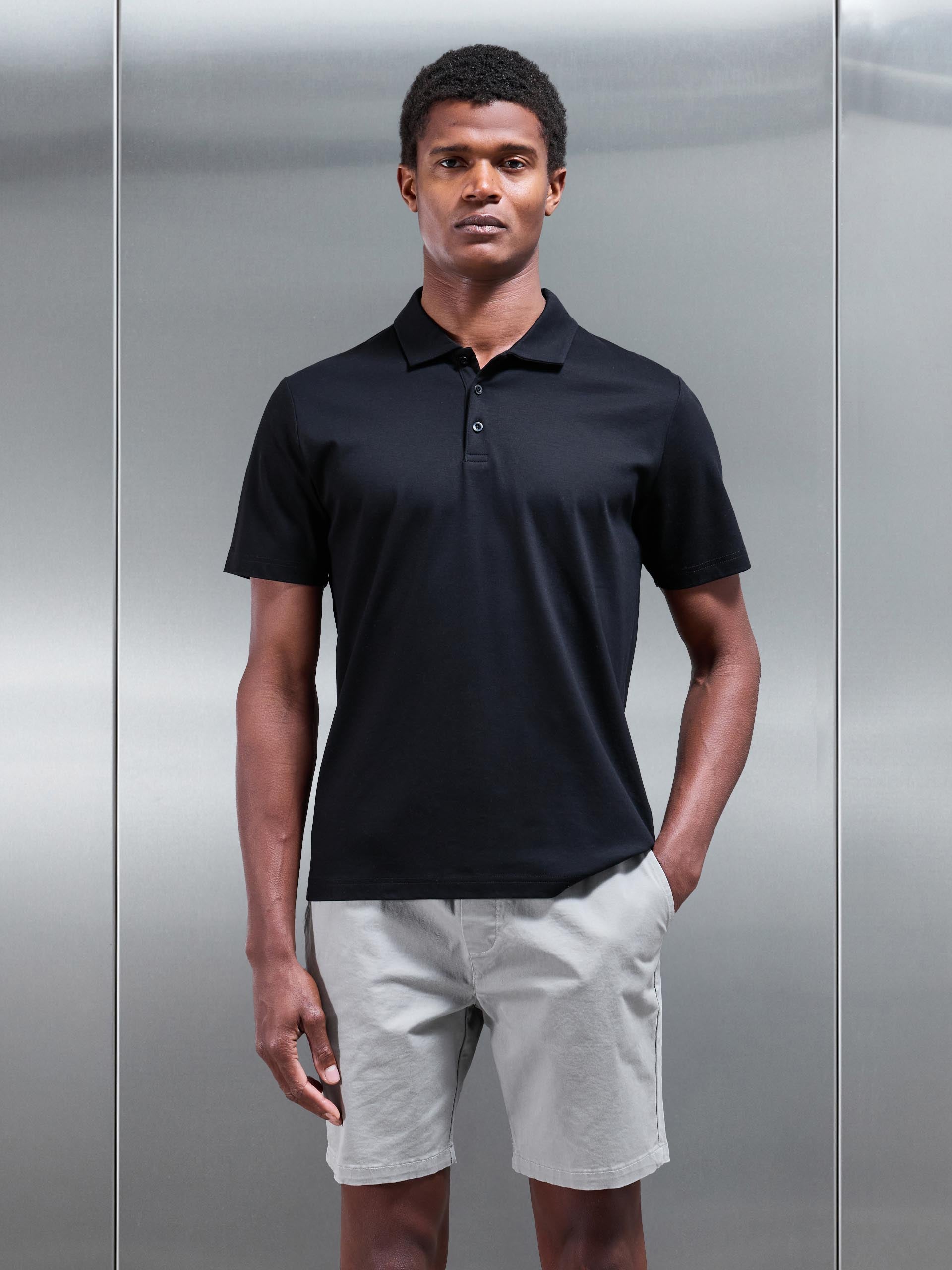 Mens Mercerised Interlock Button Polo Shirt in Black