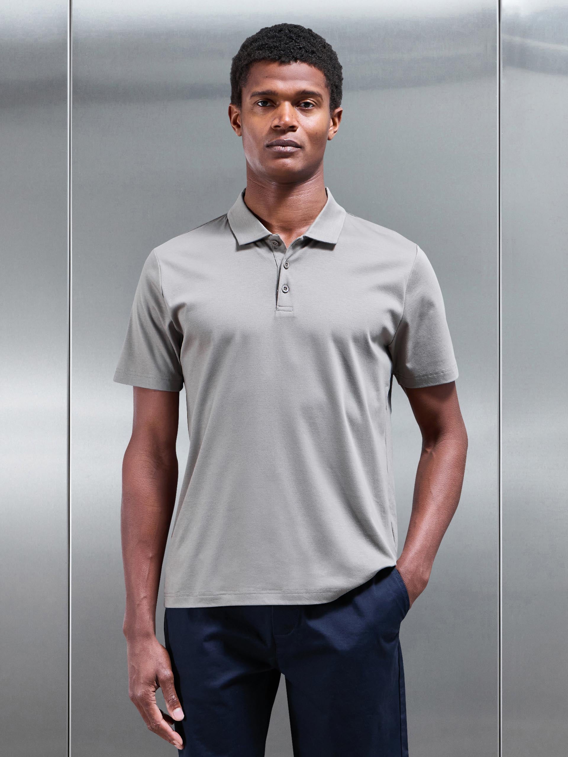 Mens Mercerised Interlock Button Polo Shirt in Dark Stone