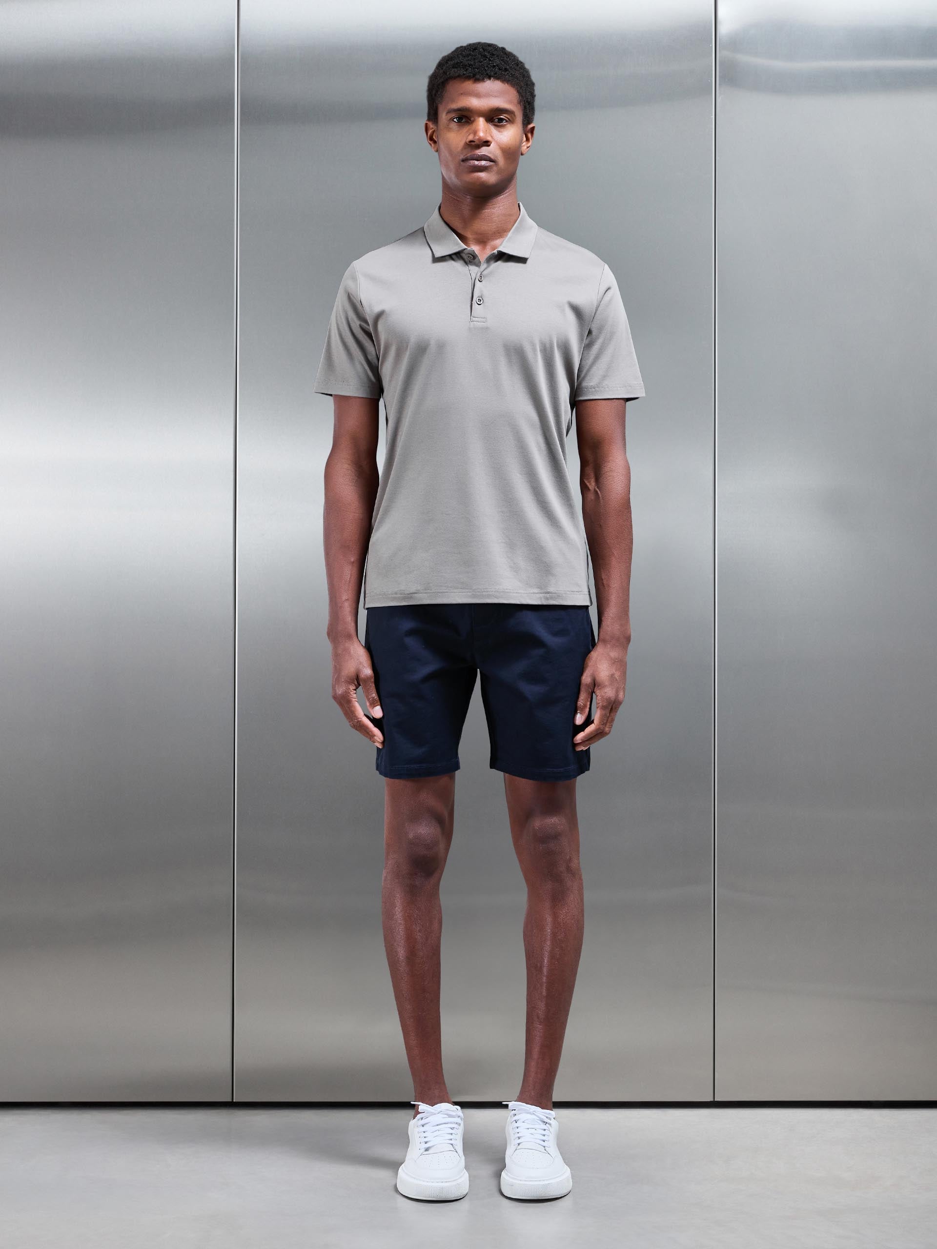 Mens Mercerised Interlock Button Polo Shirt in Dark Stone