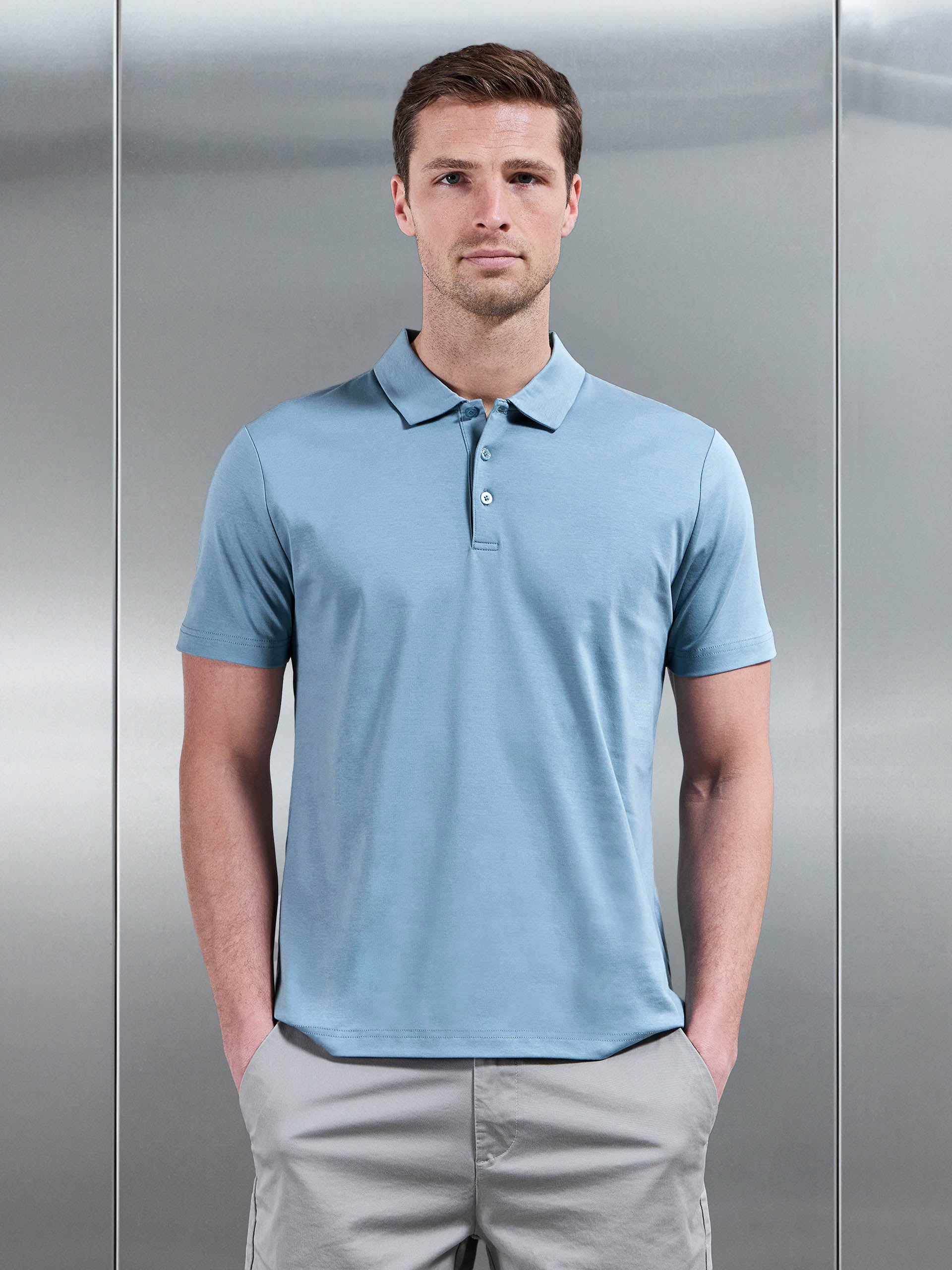 Mens Mercerised Interlock Button Polo Shirt in Light Blue