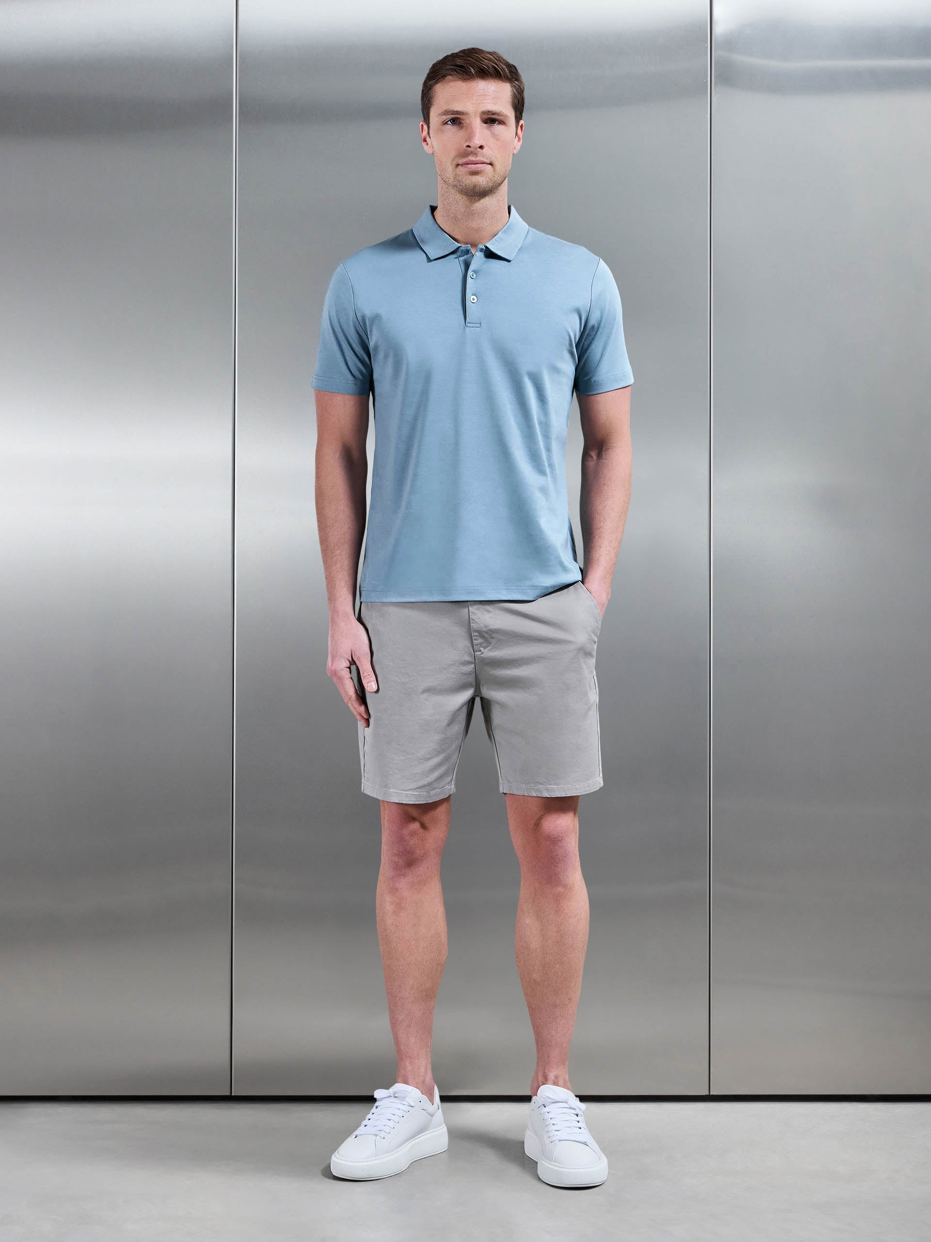 Mens Mercerised Interlock Button Polo Shirt in Light Blue