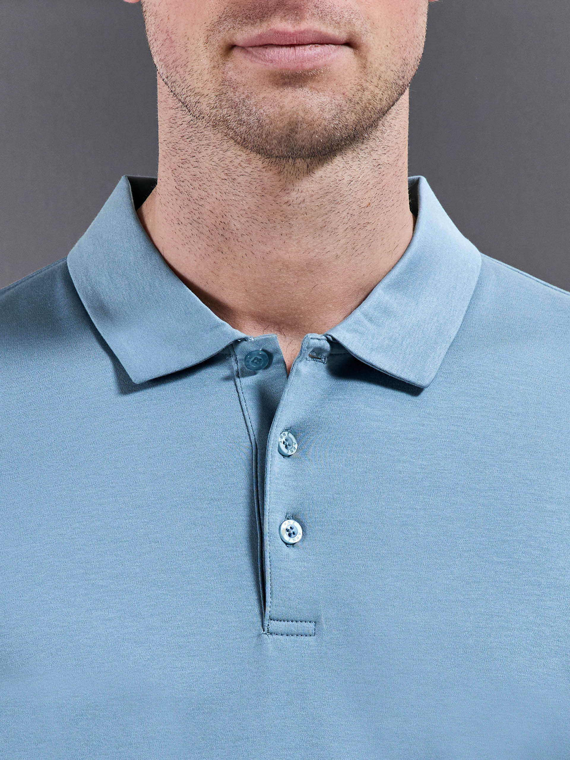 Mens Mercerised Interlock Button Polo Shirt in Light Blue