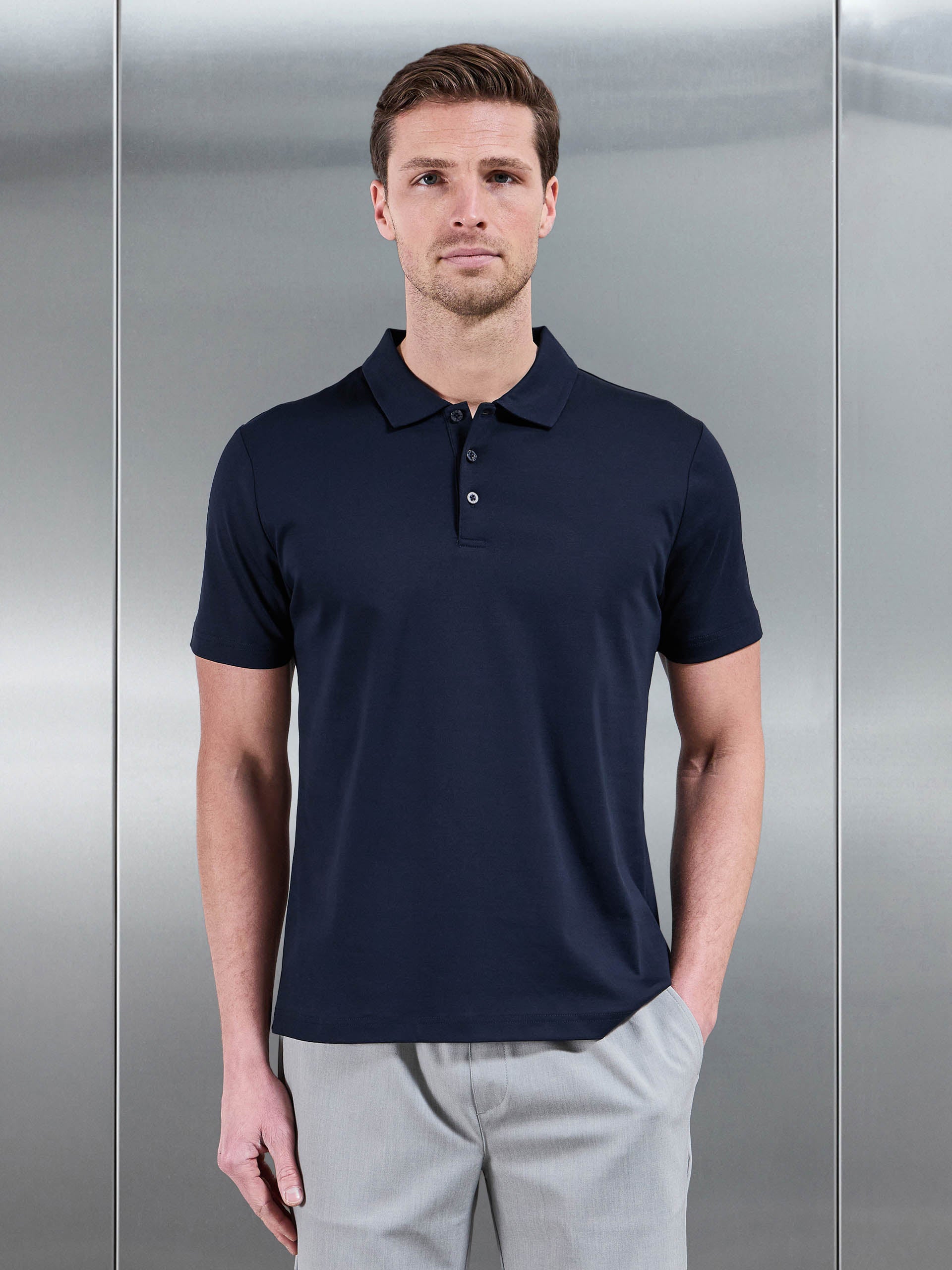 Mens Mercerised Interlock Button Polo Shirt in Navy