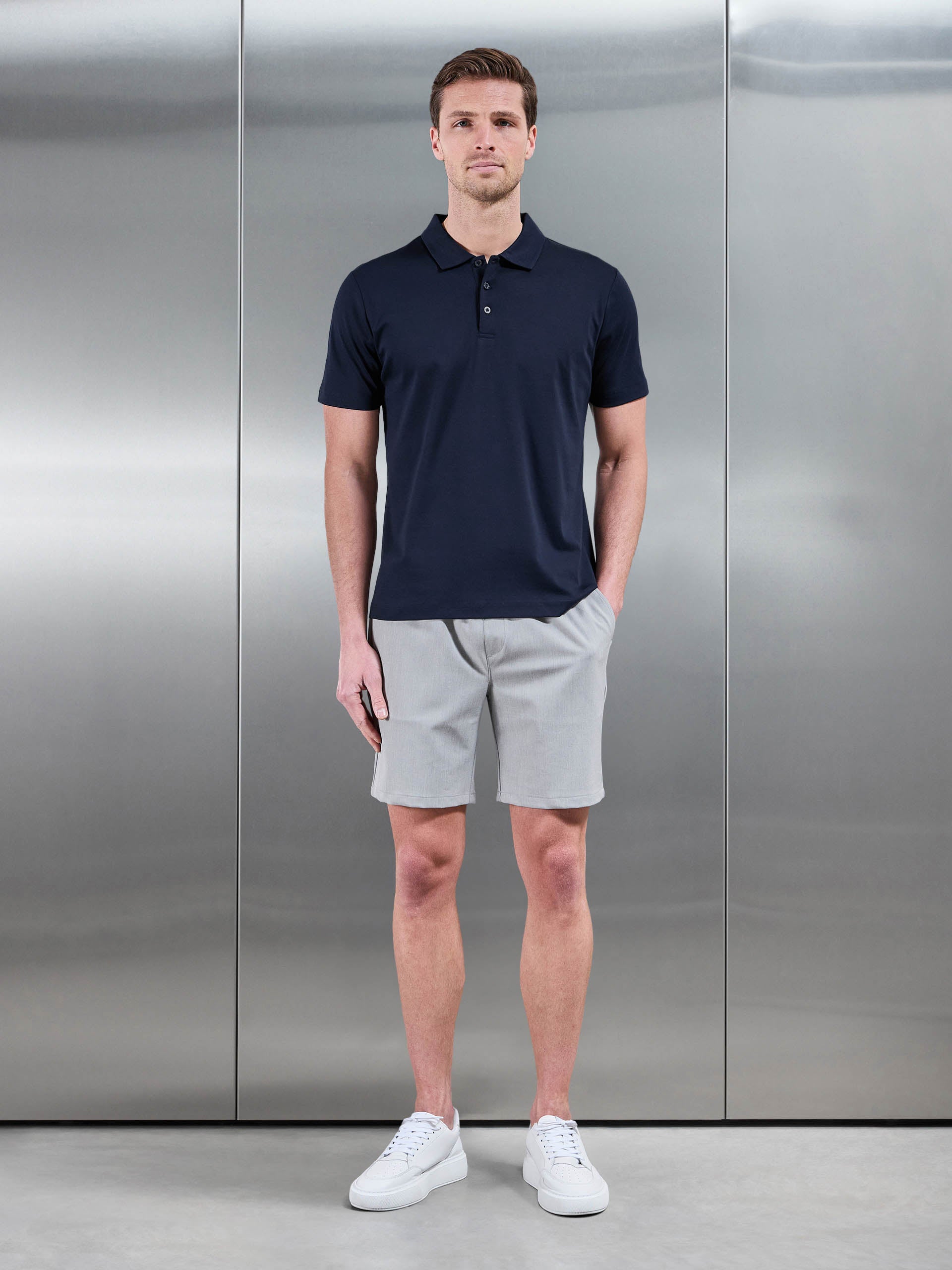 Mens Mercerised Interlock Button Polo Shirt in Navy