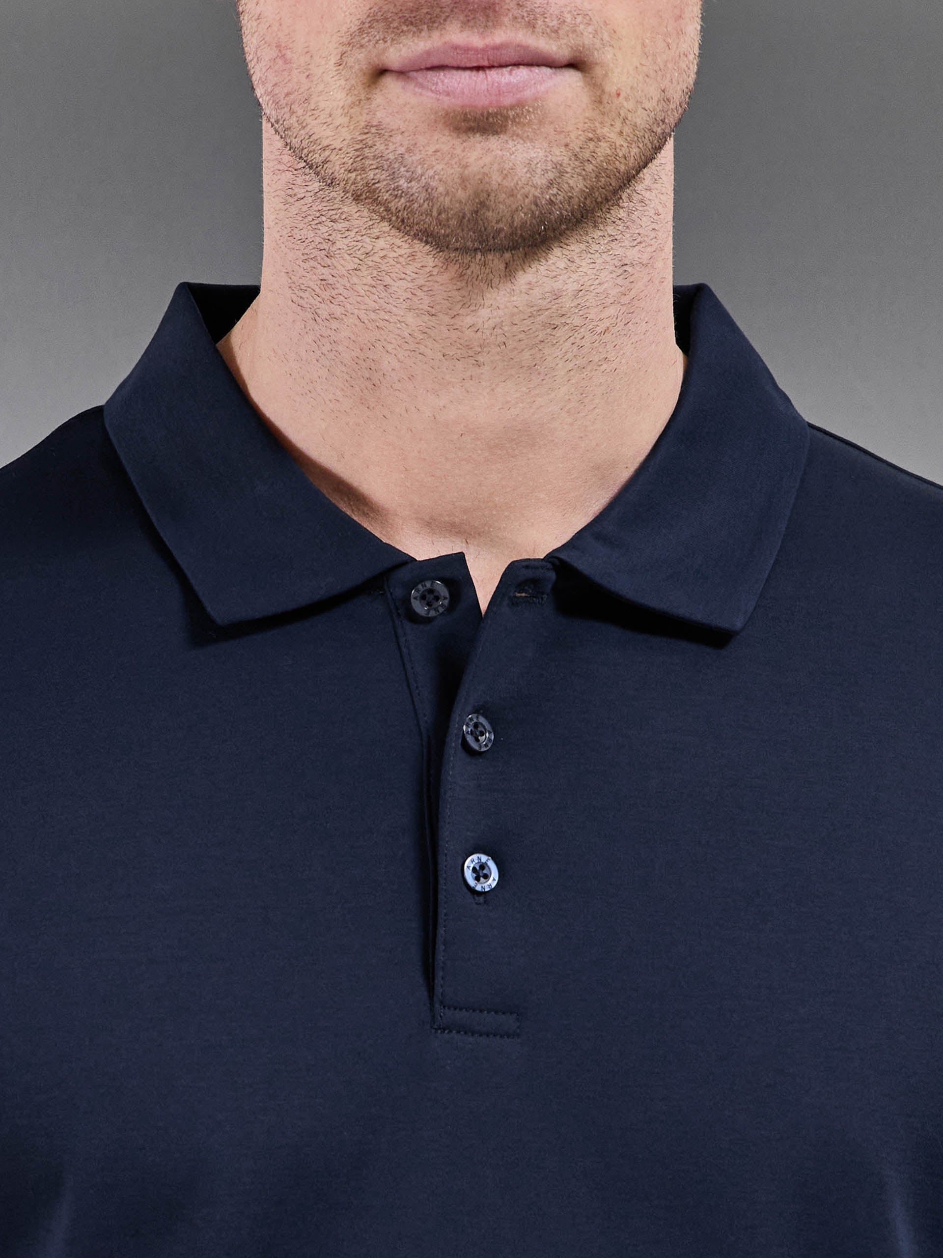 Mens Mercerised Interlock Button Polo Shirt in Navy