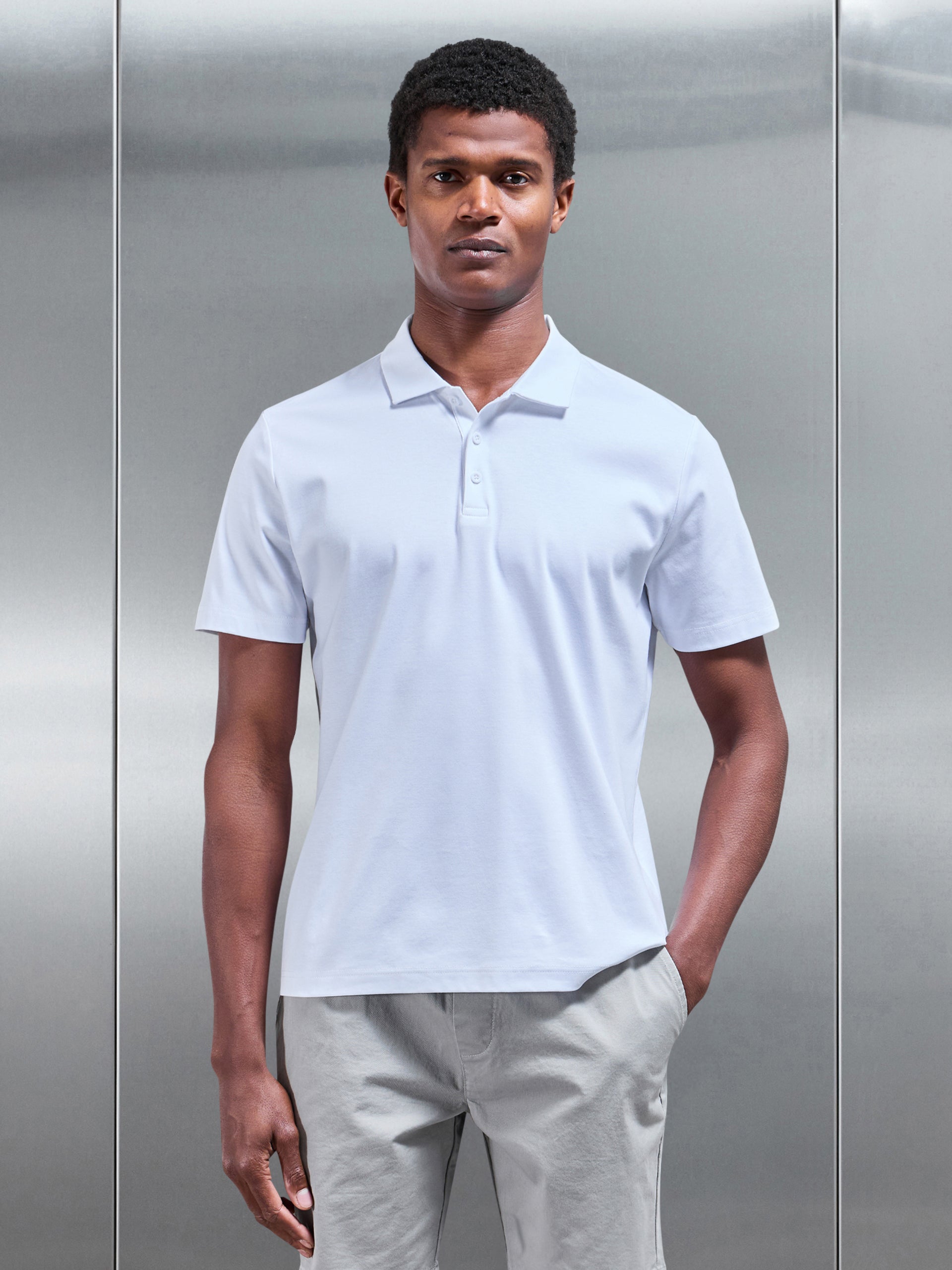 Mens Mercerised Interlock Button Polo Shirt in White