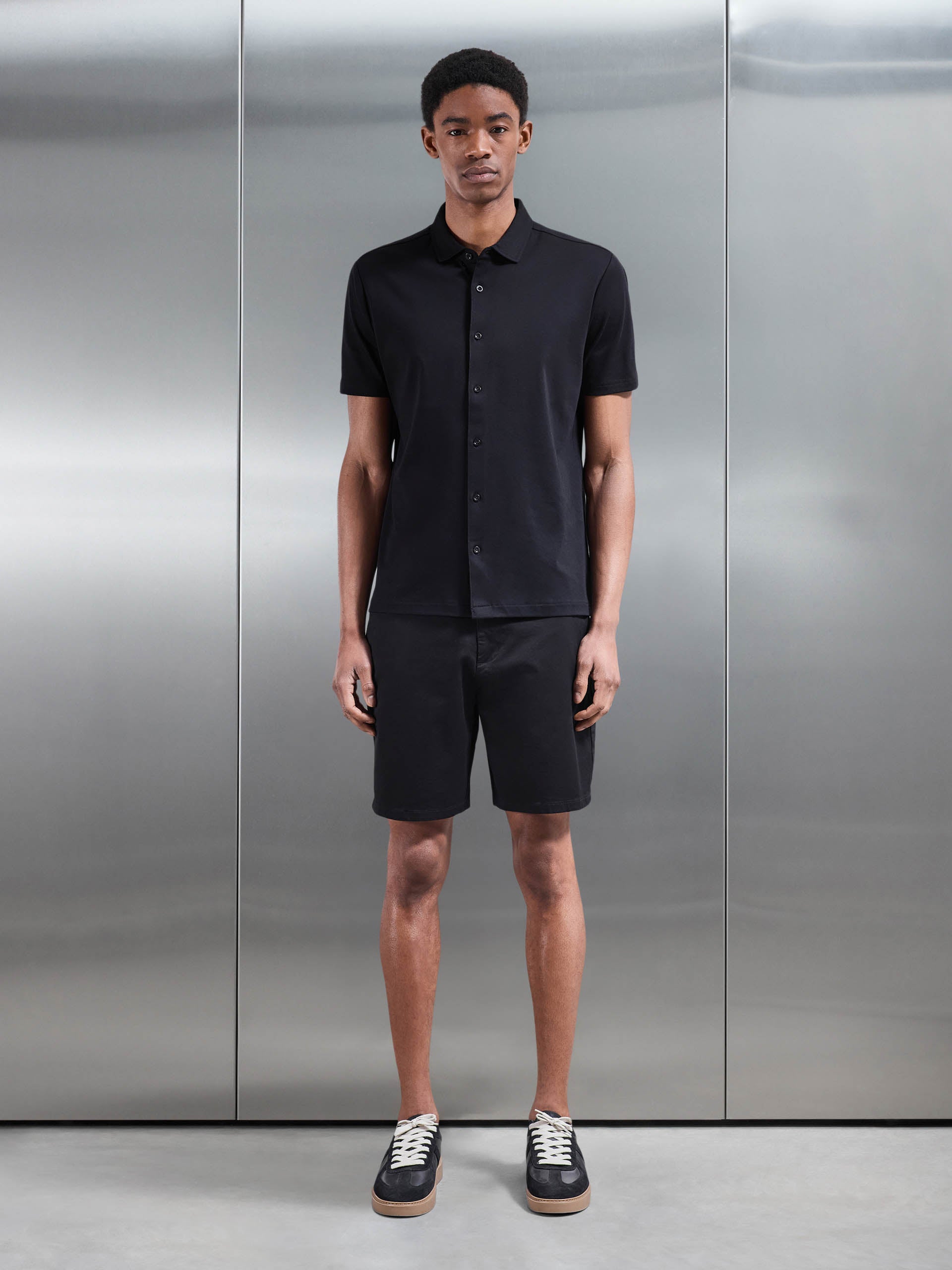 Mens Mercerised Interlock Button Through Shirt in Black