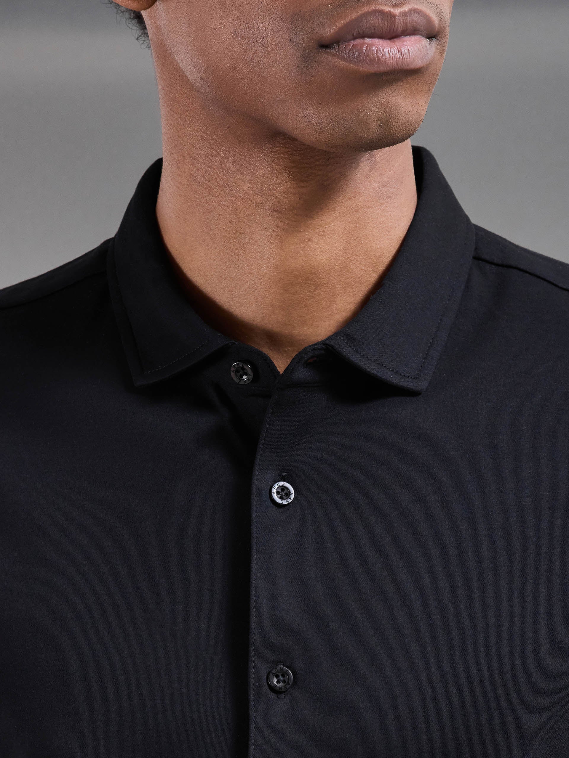 Mens Mercerised Interlock Button Through Shirt in Black