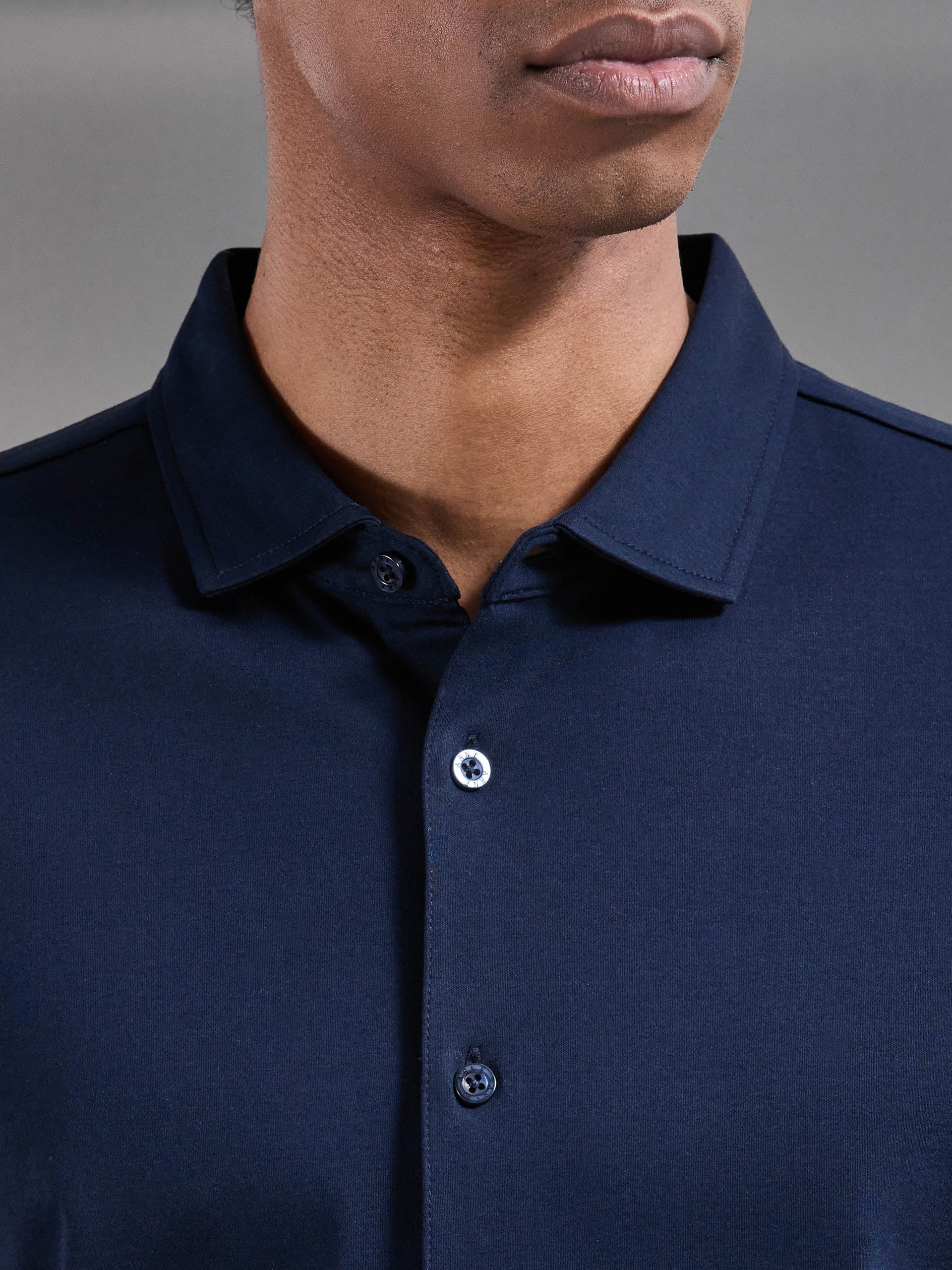 Mens Mercerised Interlock Button Through Shirt in Navy