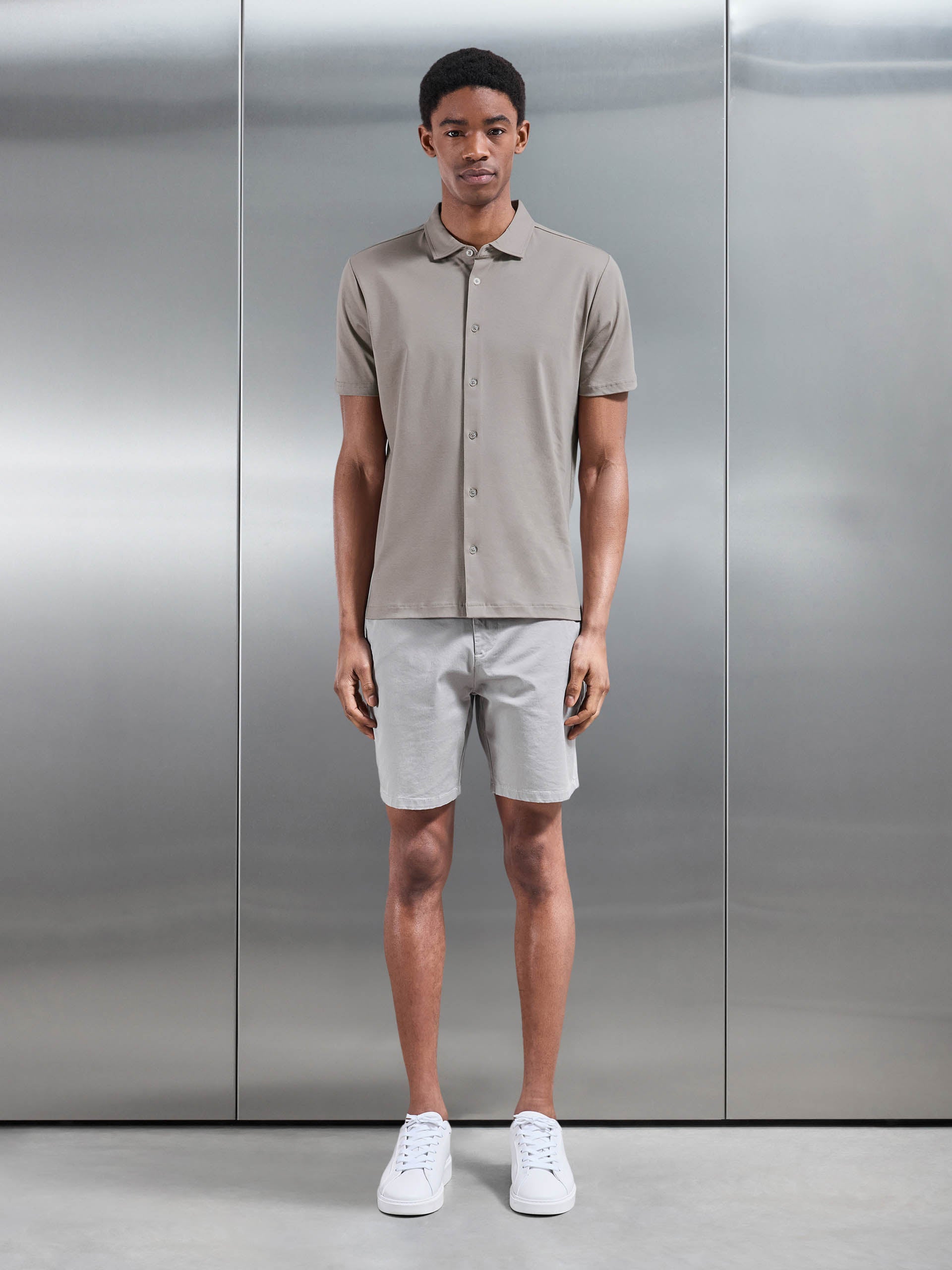 Mens Mercerised Interlock Button Through Shirt in Taupe