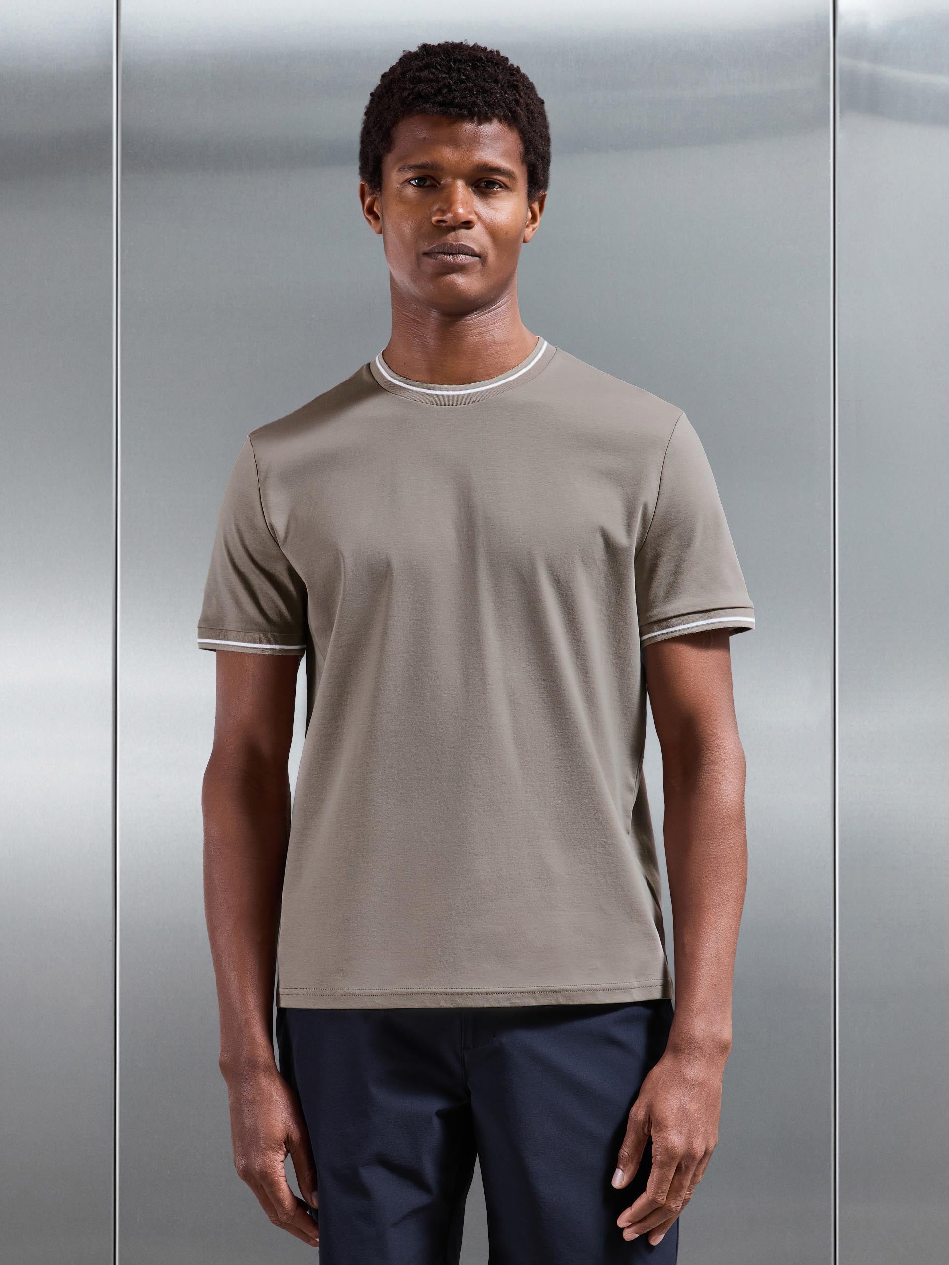 Mercerised Interlock Tipped T-Shirt in Taupe