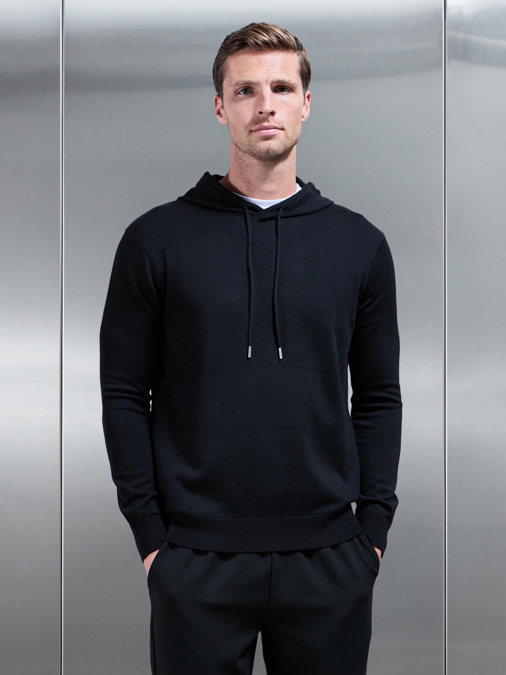 Mens Mercerised Knitted Hoodie in Black