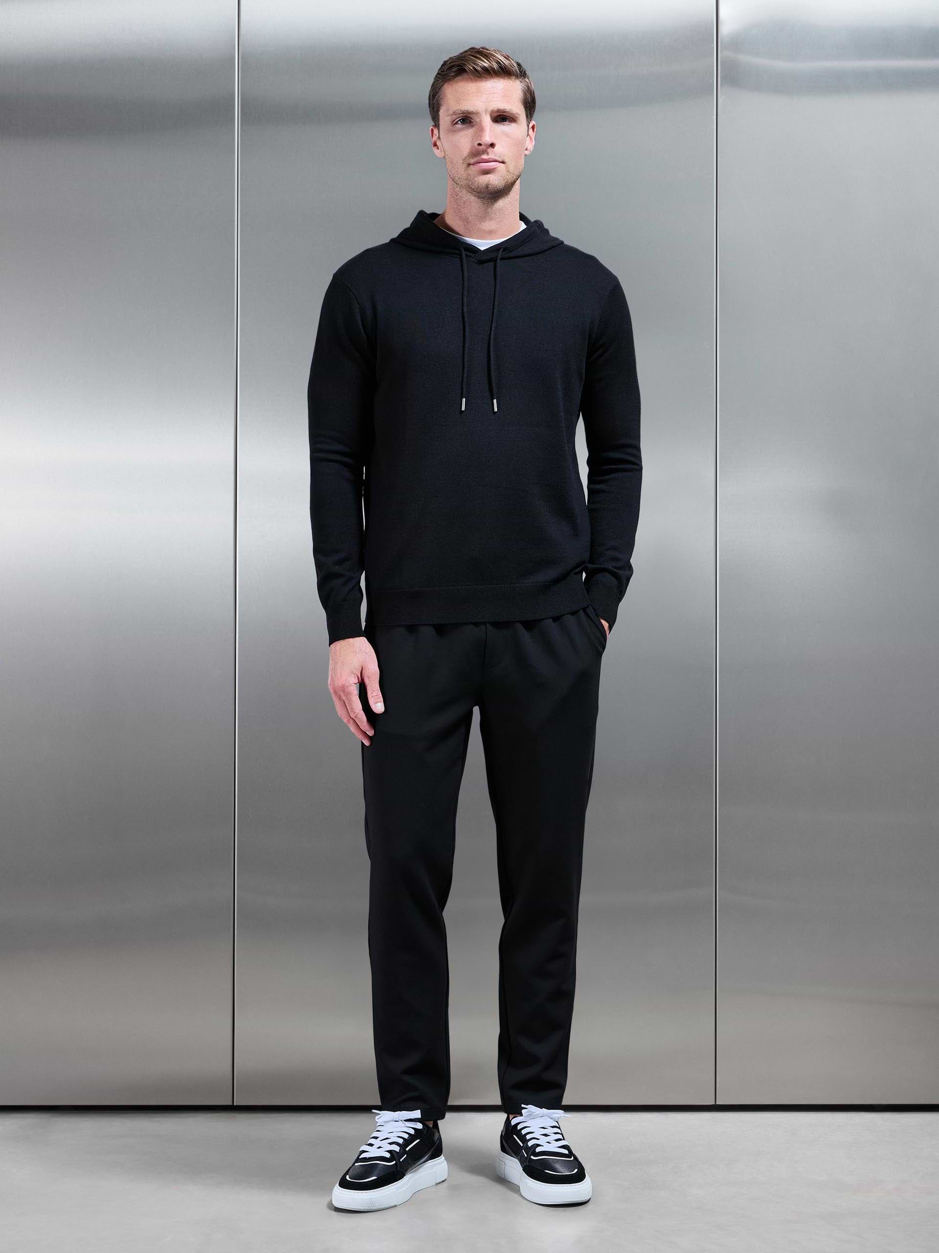 Mens Mercerised Knitted Hoodie in Black