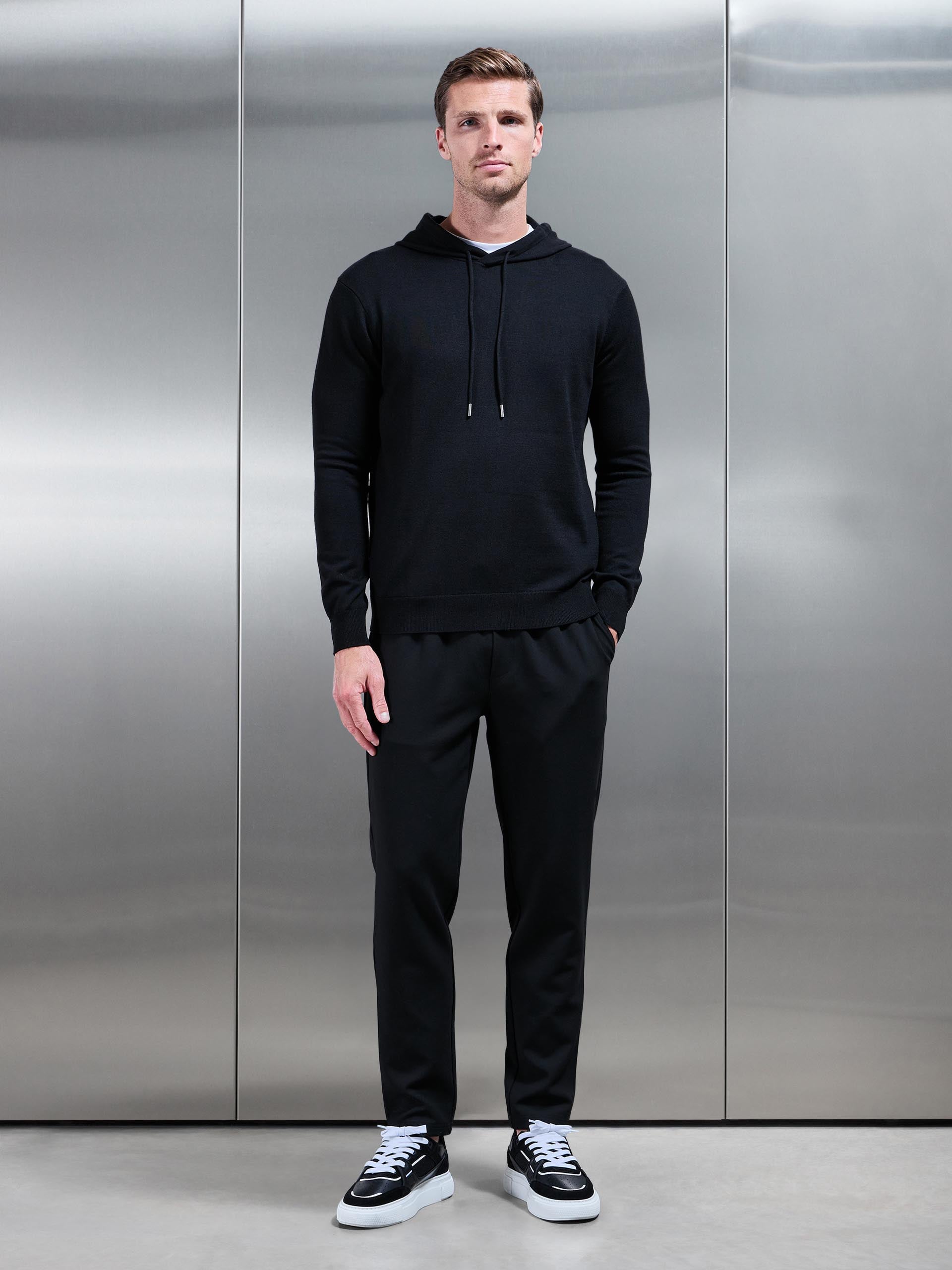 Mens Mercerised Knitted Hoodie in Black