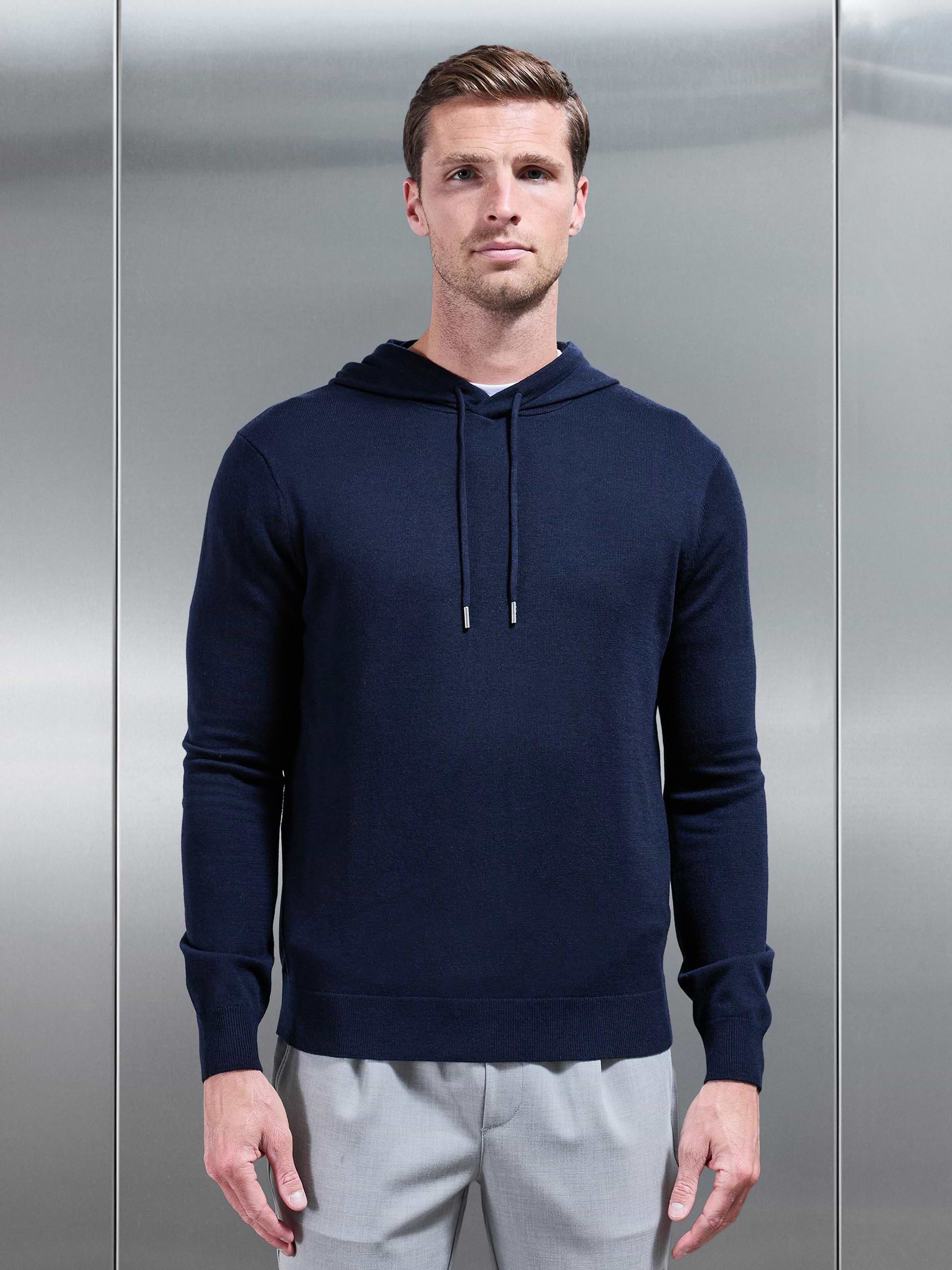 Mercerised Knitted Hoodie in Navy