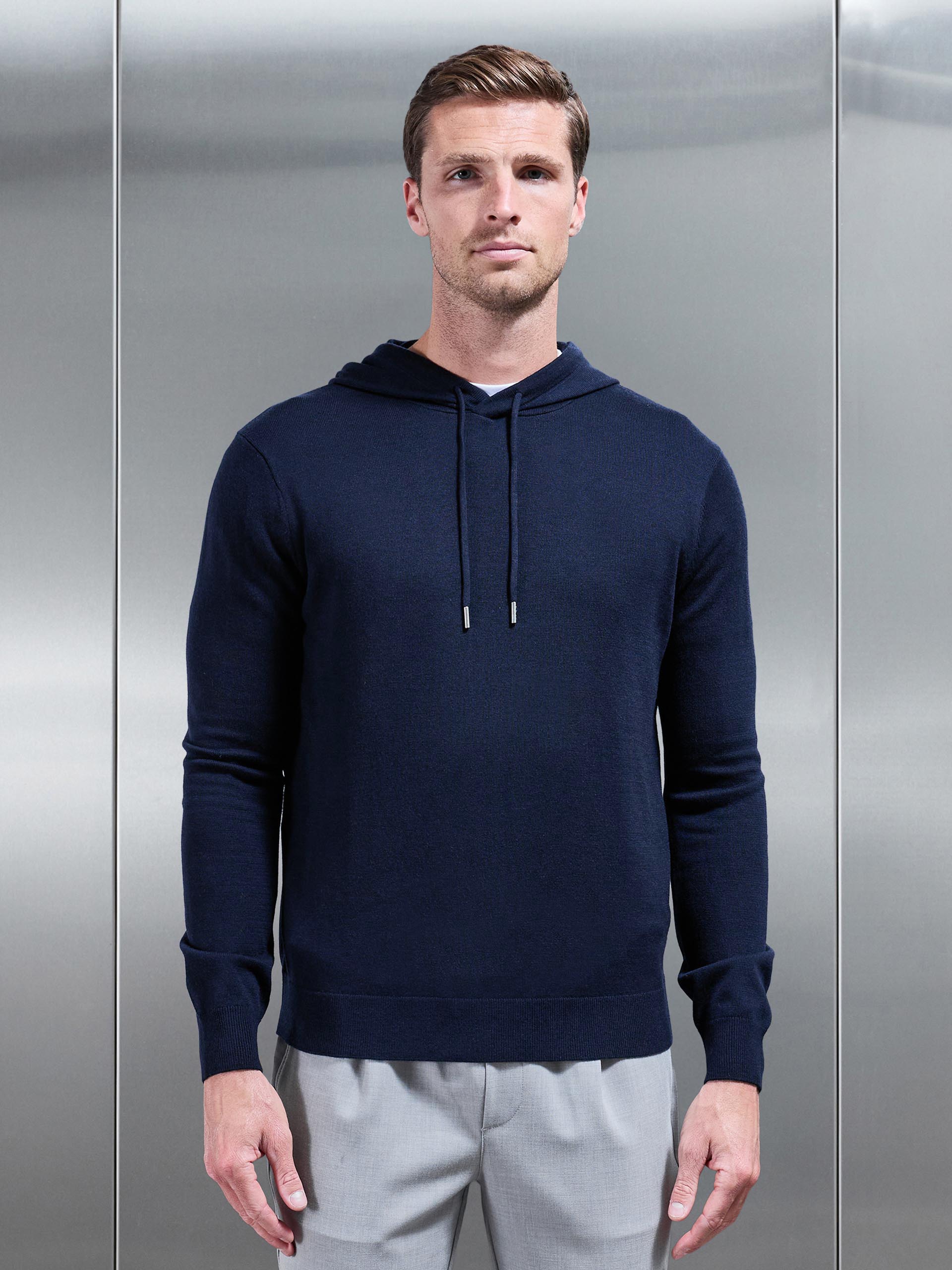 Mens Mercerised Knitted Hoodie in Navy